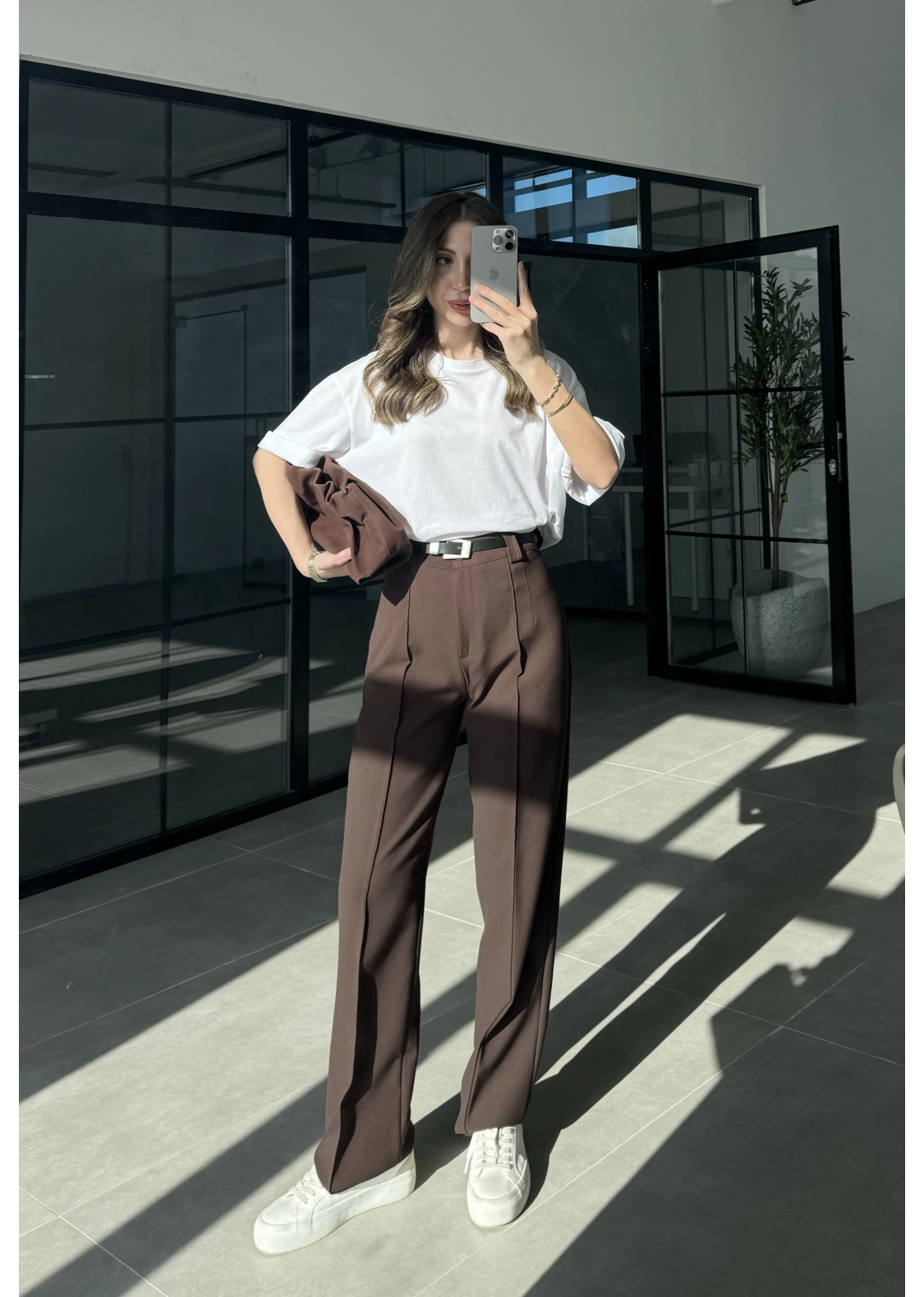 Pensli Nervür Dikişli Yüksekbel Kahve Kumaş Pantolon