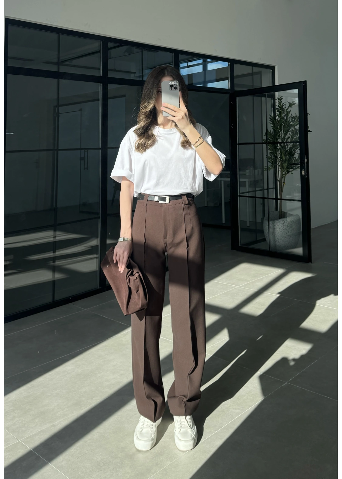 Pensli Nervür Dikişli Yüksekbel Kahve Kumaş Pantolon