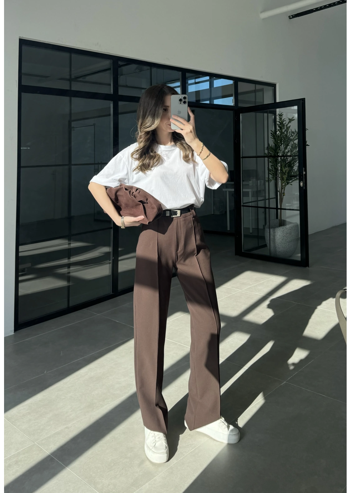 Pensli Nervür Dikişli Yüksekbel Kahve Kumaş Pantolon