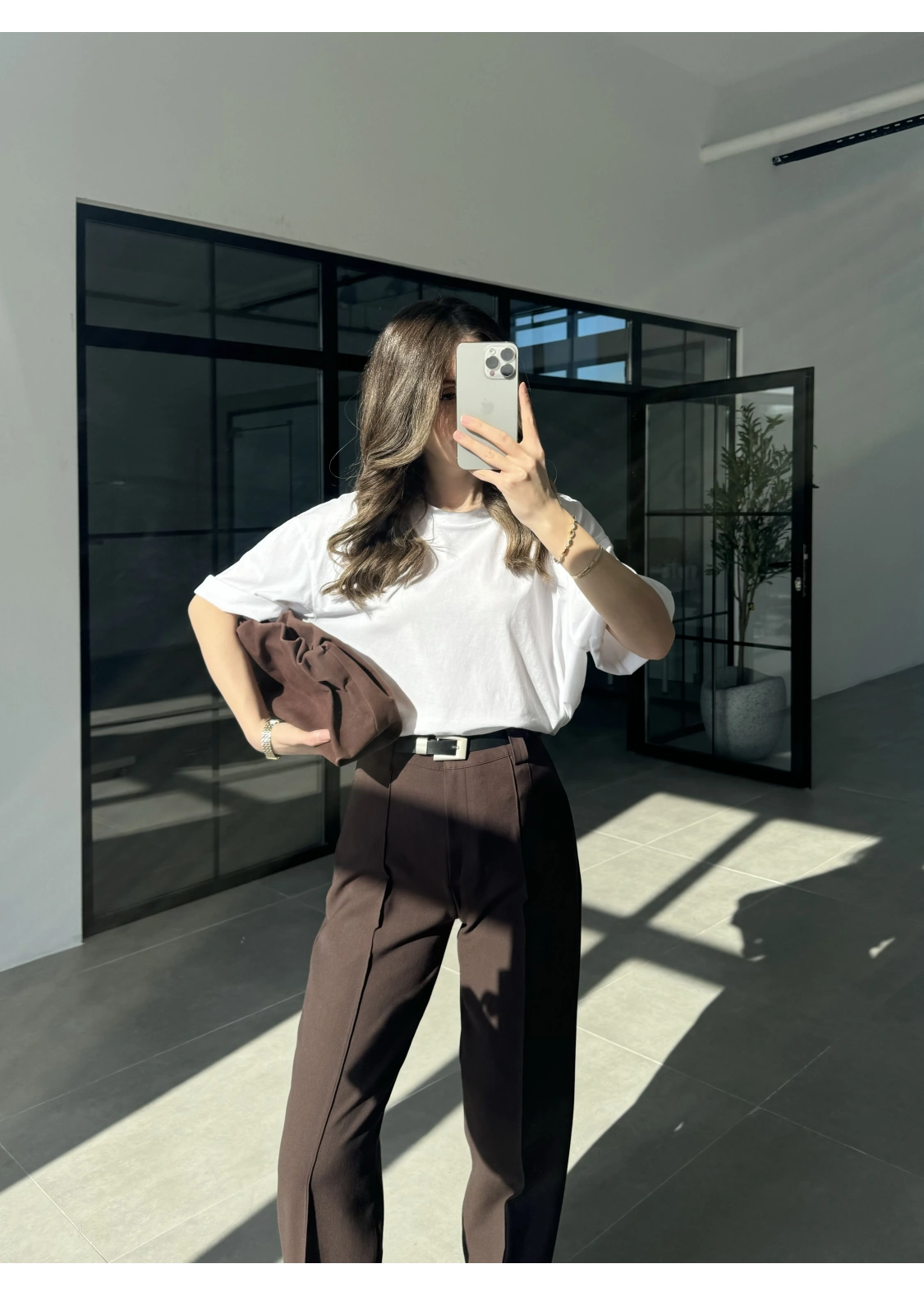 Pensli Nervür Dikişli Yüksekbel Kahve Kumaş Pantolon