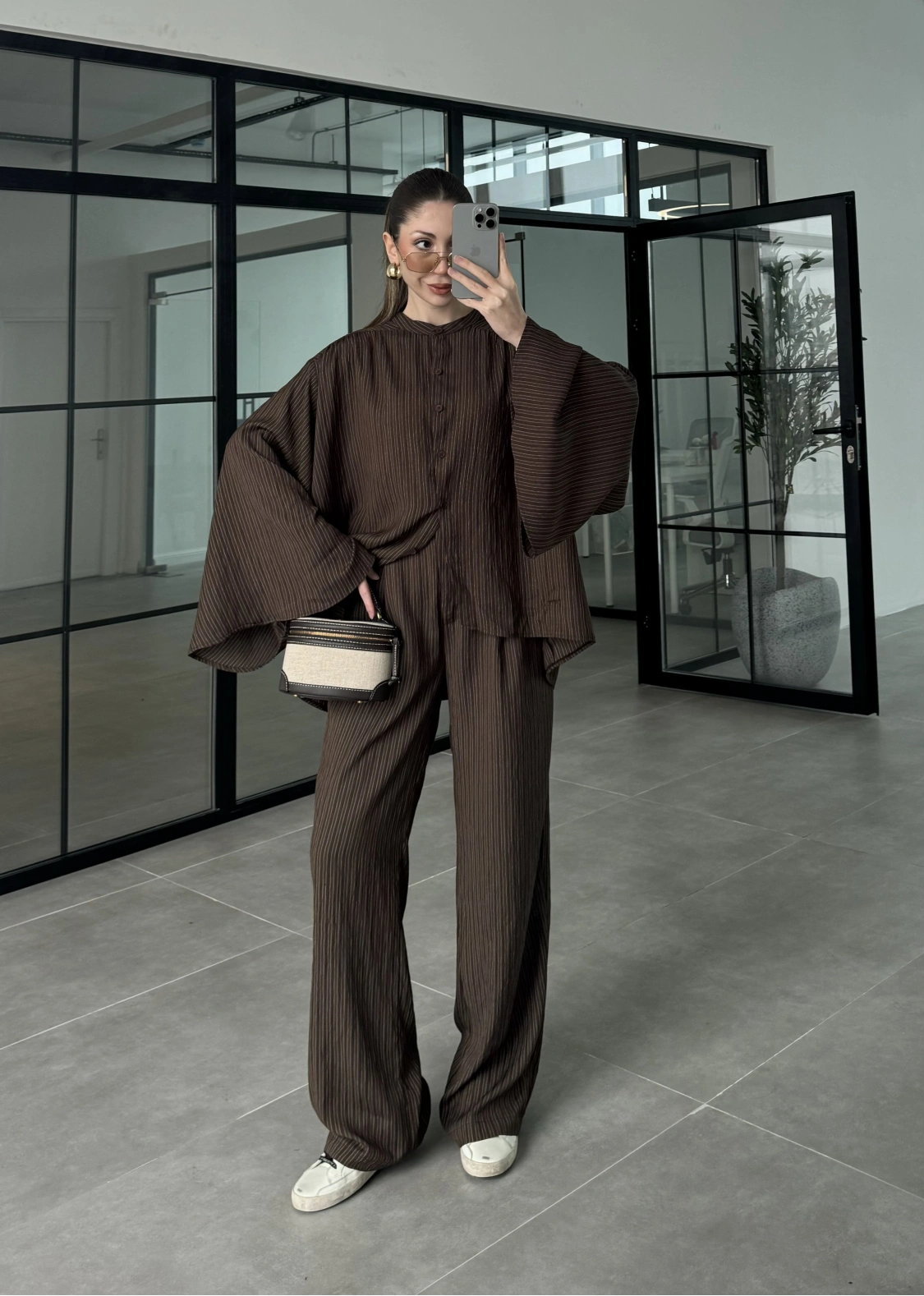 Yarasa Kol Oversize Çizgili Kahve Takım