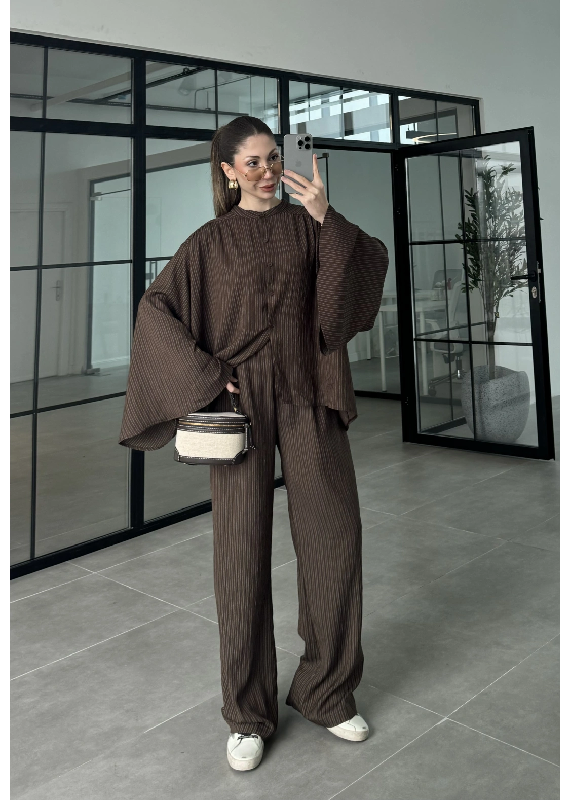 Yarasa Kol Oversize Çizgili Kahve Takım