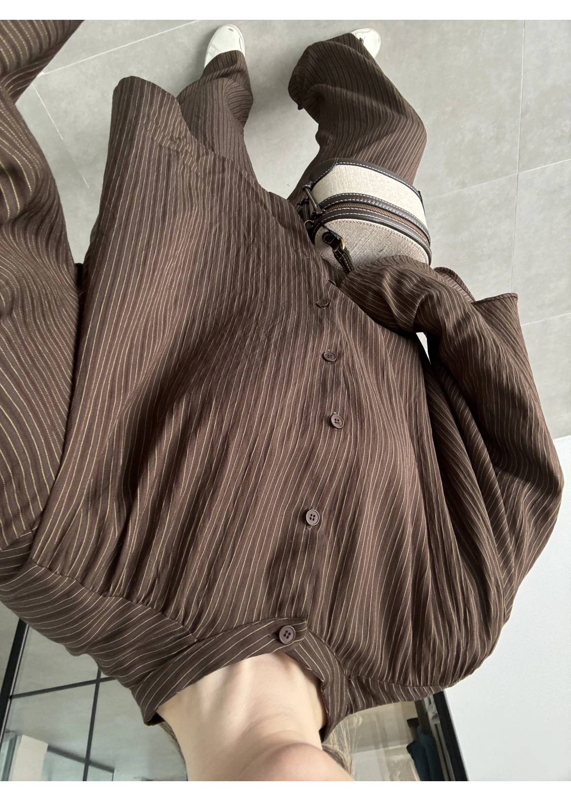 Yarasa Kol Oversize Çizgili Kahve Takım