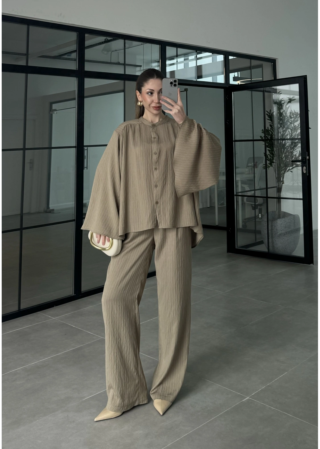 Yarasa Kol Oversize Çizgili Haki Takım