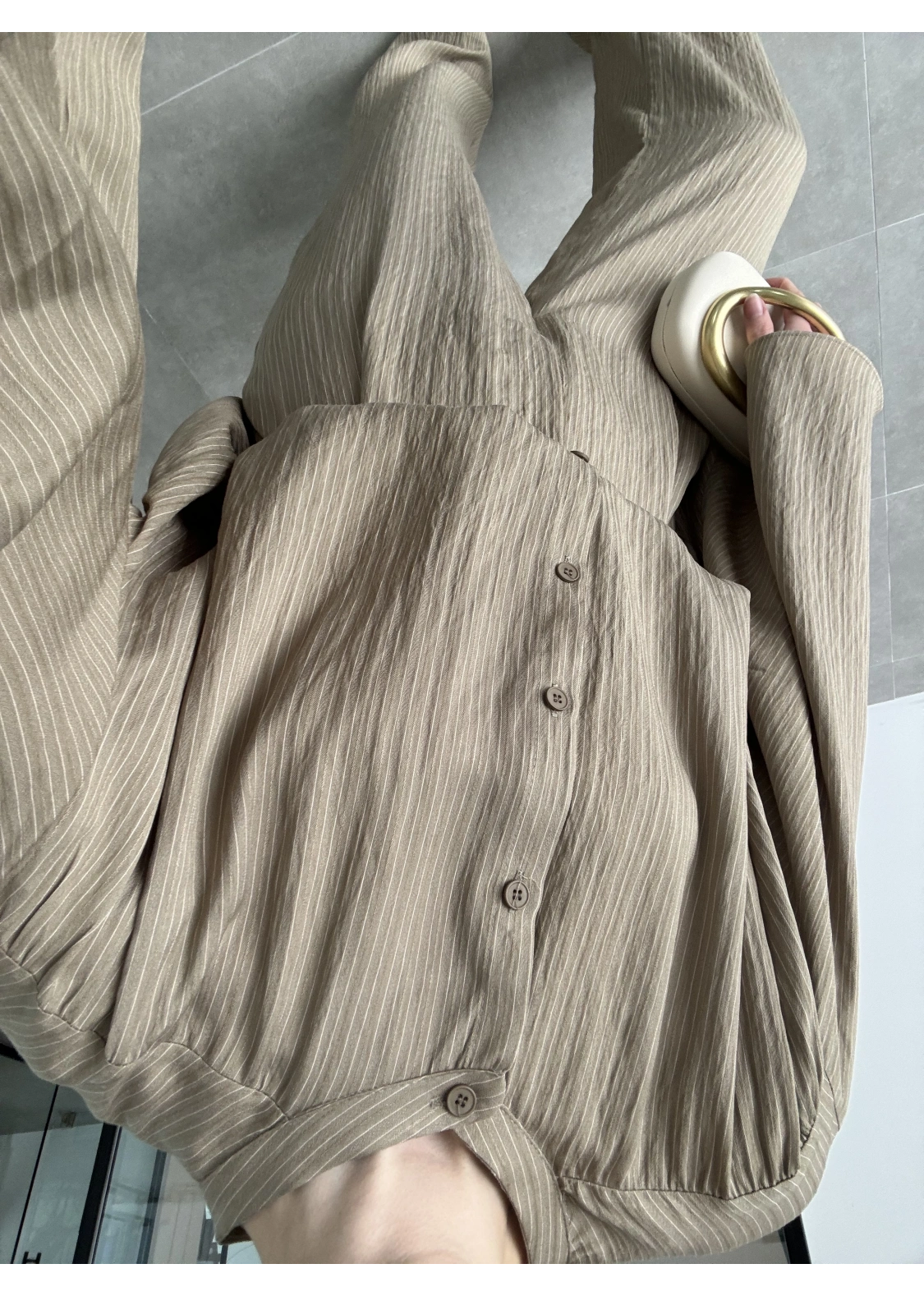 Yarasa Kol Oversize Çizgili Haki Takım