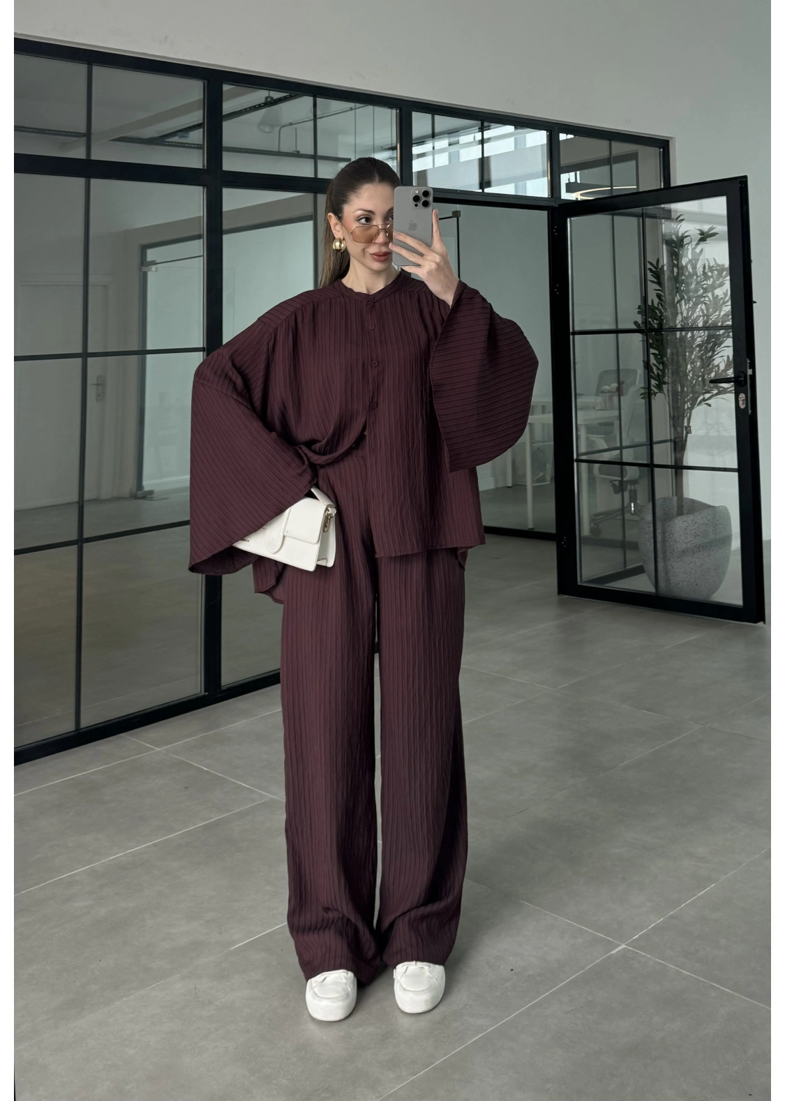 Yarasa Kol Oversize Çizgili Bordo Takım