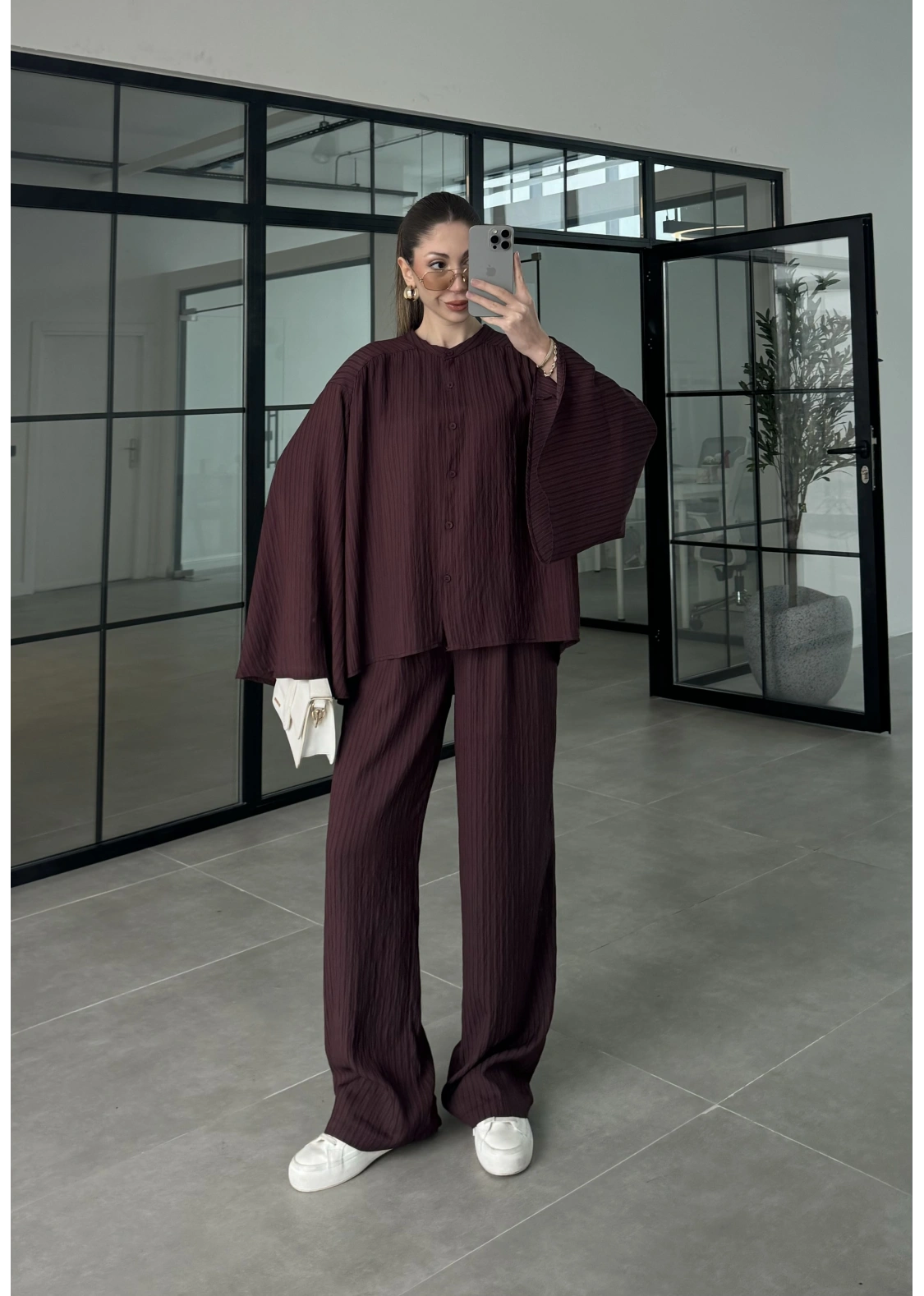 Yarasa Kol Oversize Çizgili Bordo Takım