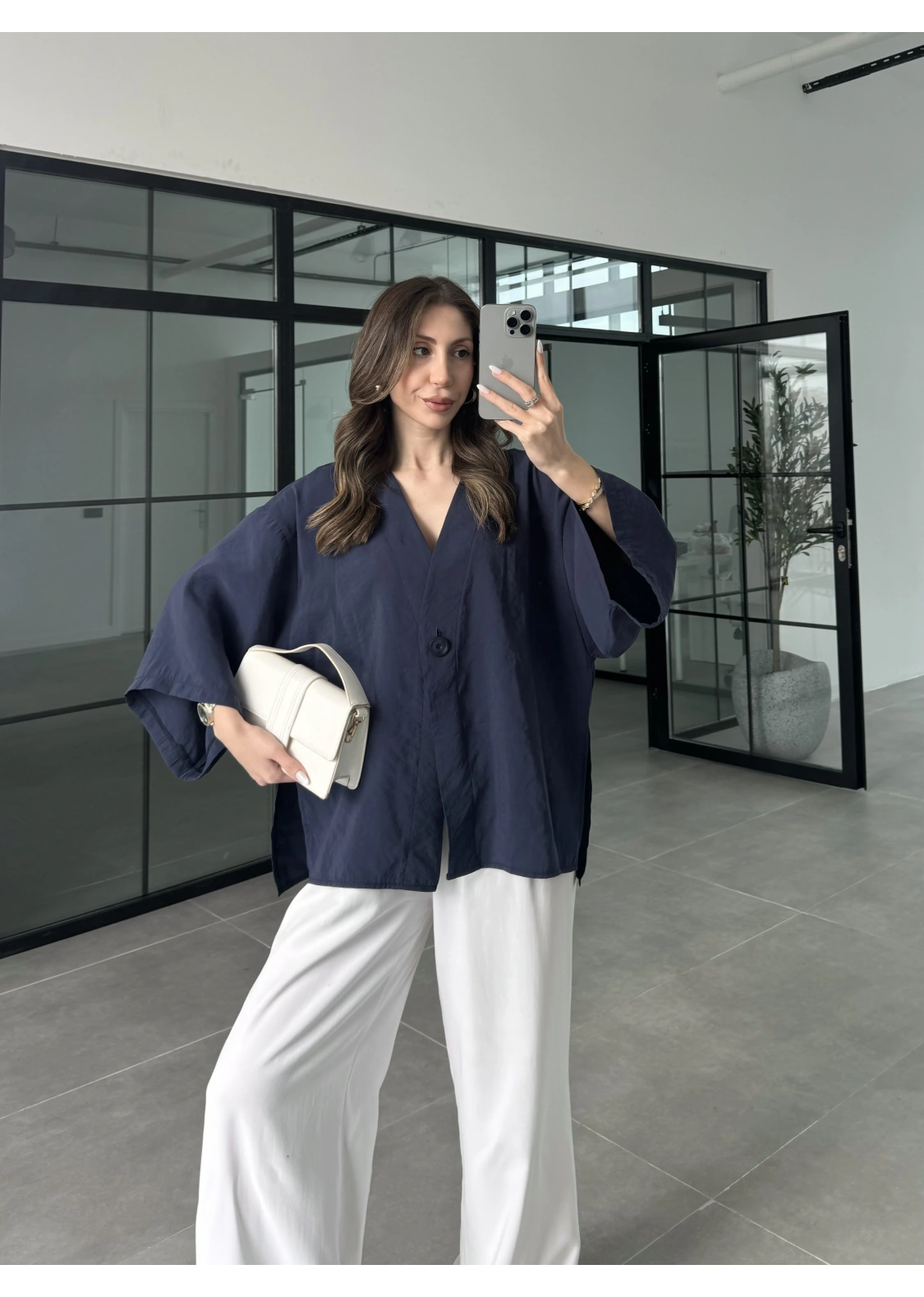 Sofi Tek Düğme Oversize Tensel Lacivert Gömlek