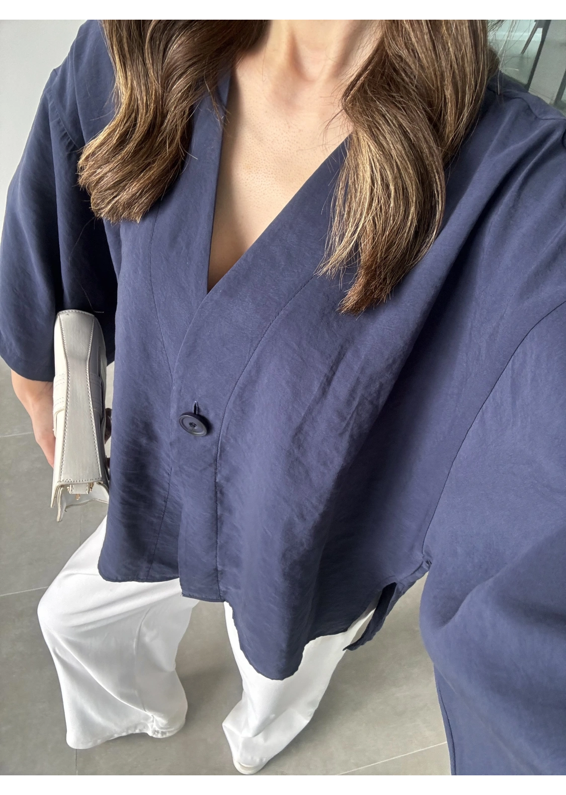 Sofi Tek Düğme Oversize Tensel Lacivert Gömlek