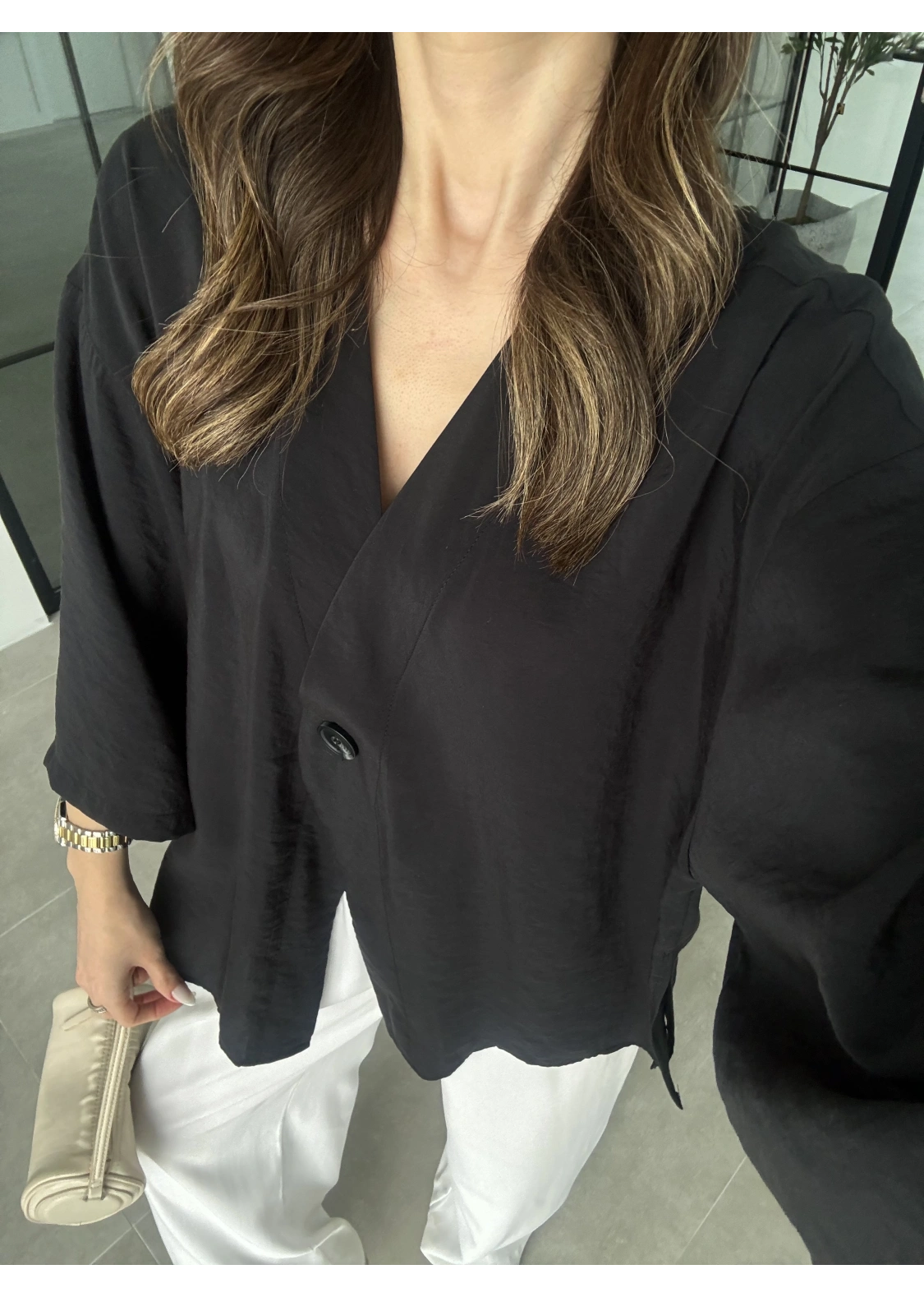 Sofi Tek Düğme Oversize Tensel Siyah Gömlek