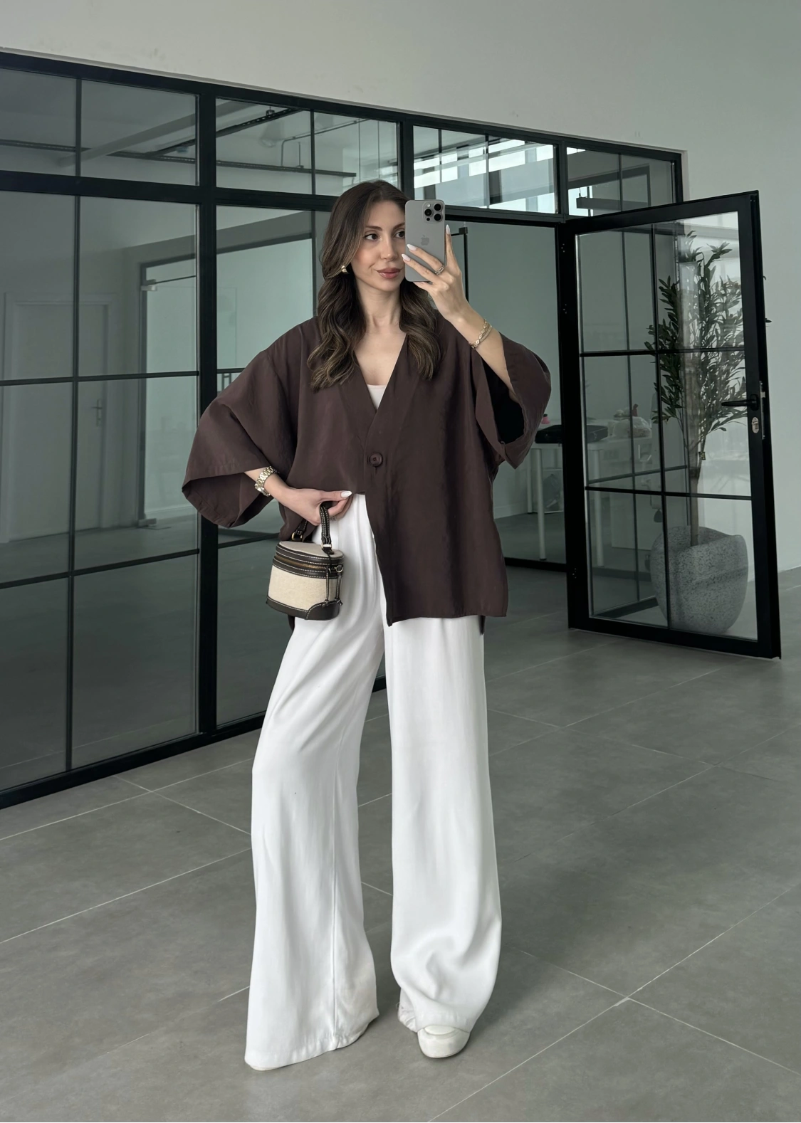 Sofi Tek Düğme Oversize Tensel Kahve Gömlek