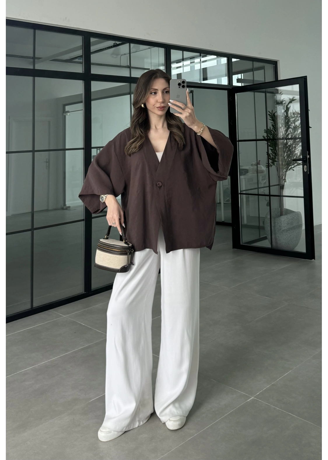 Sofi Tek Düğme Oversize Tensel Kahve Gömlek