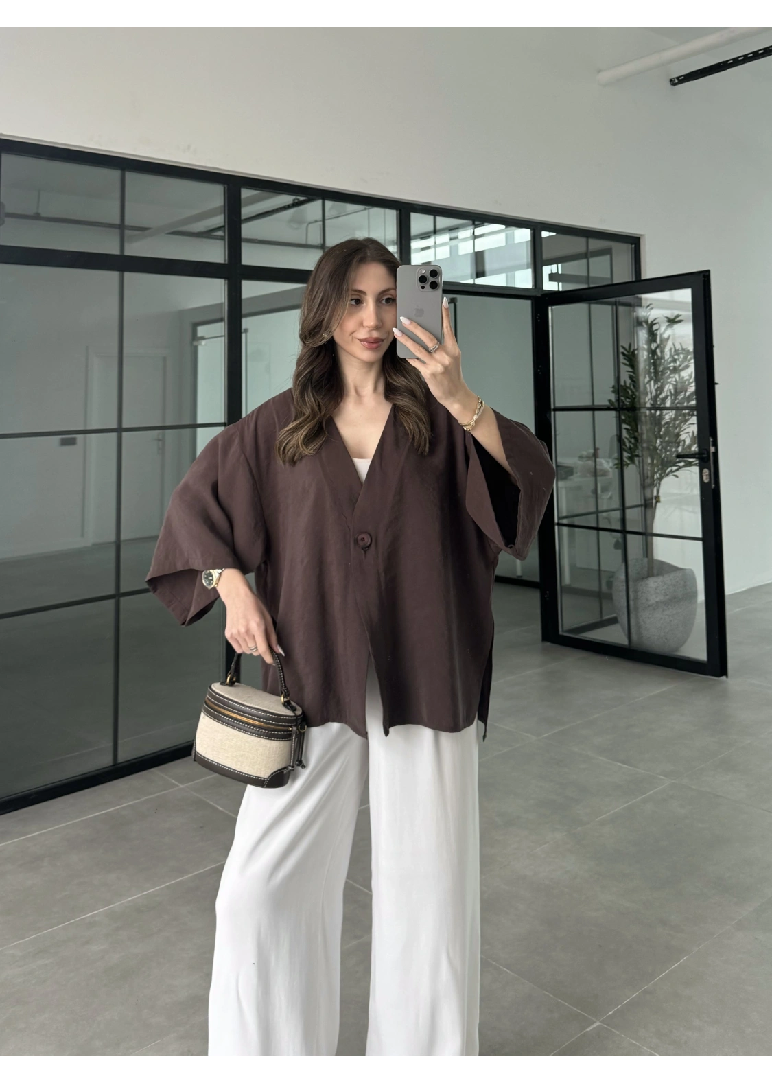 Sofi Tek Düğme Oversize Tensel Kahve Gömlek