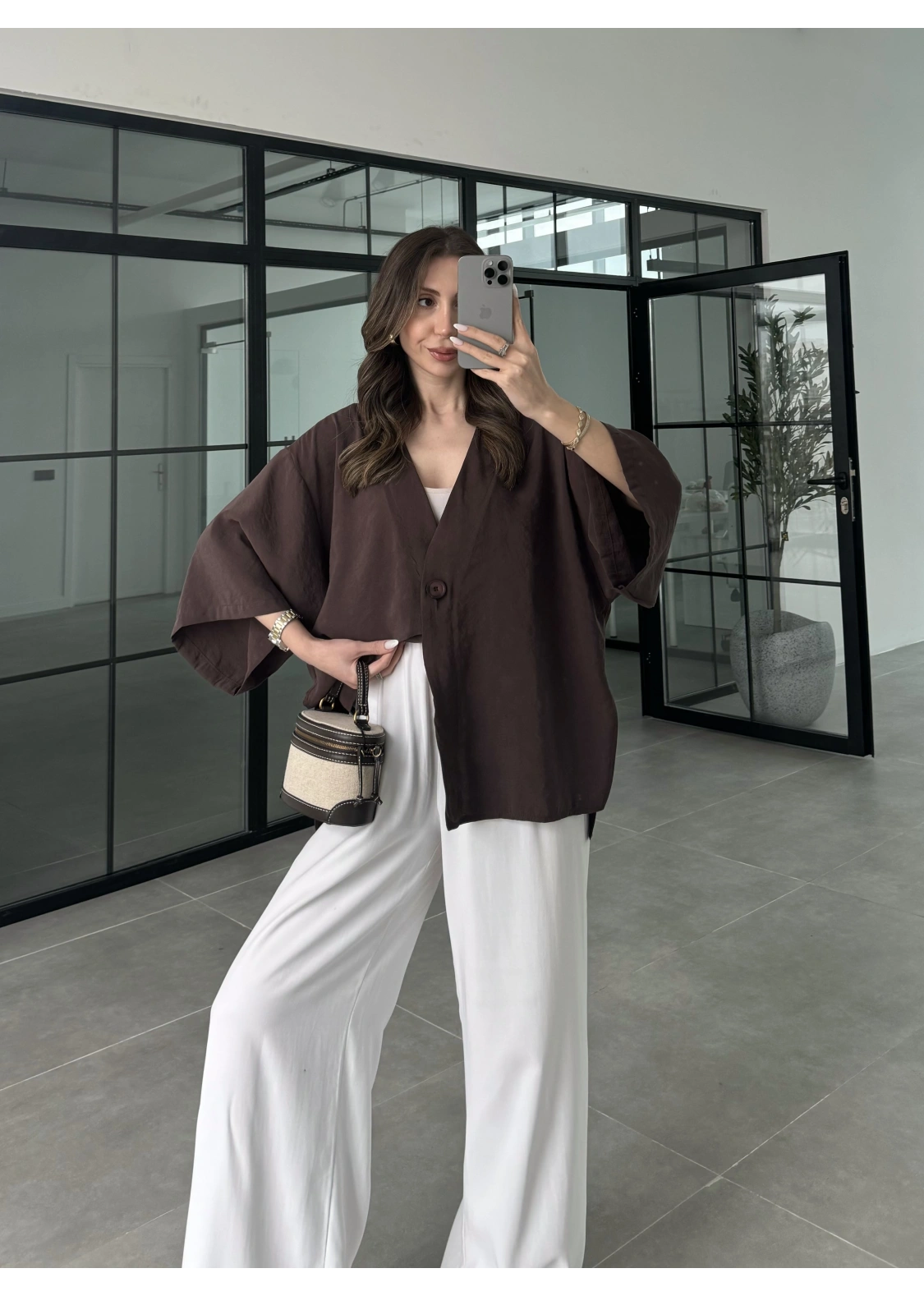 Sofi Tek Düğme Oversize Tensel Kahve Gömlek