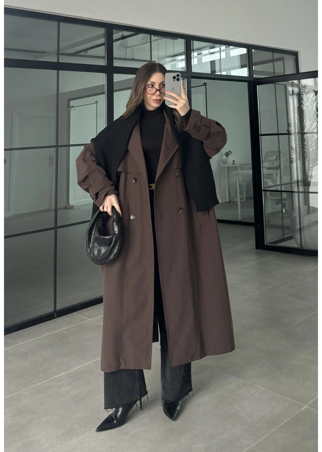 Cool Oversize Astarlı Premium Kahve Kuşaklı Trençkot