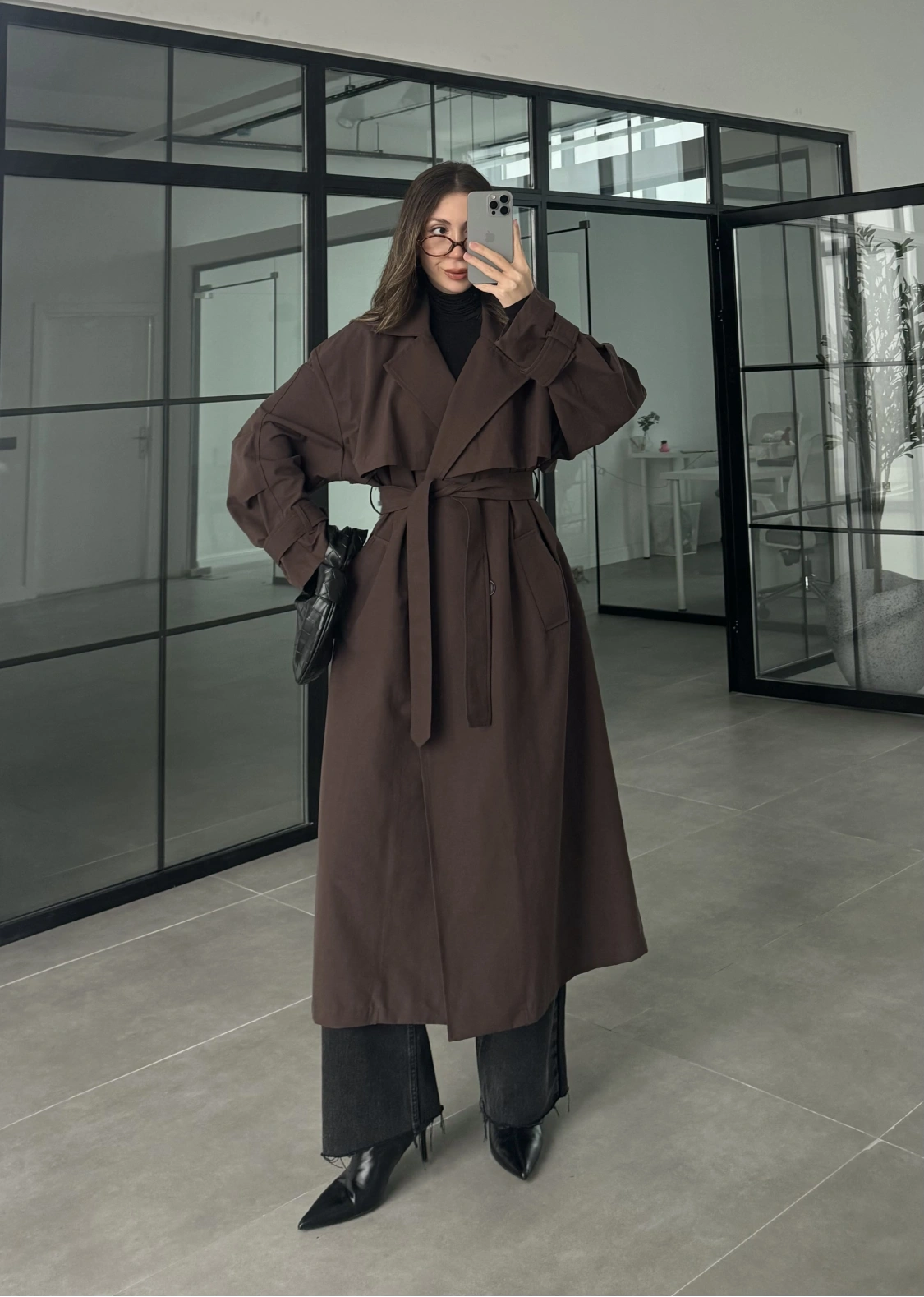 Cool Oversize Astarlı Premium Kahve Kuşaklı Trençkot