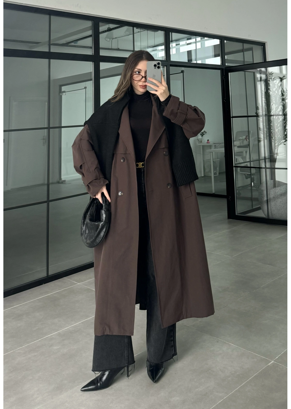 Cool Oversize Astarlı Premium Kahve Kuşaklı Trençkot