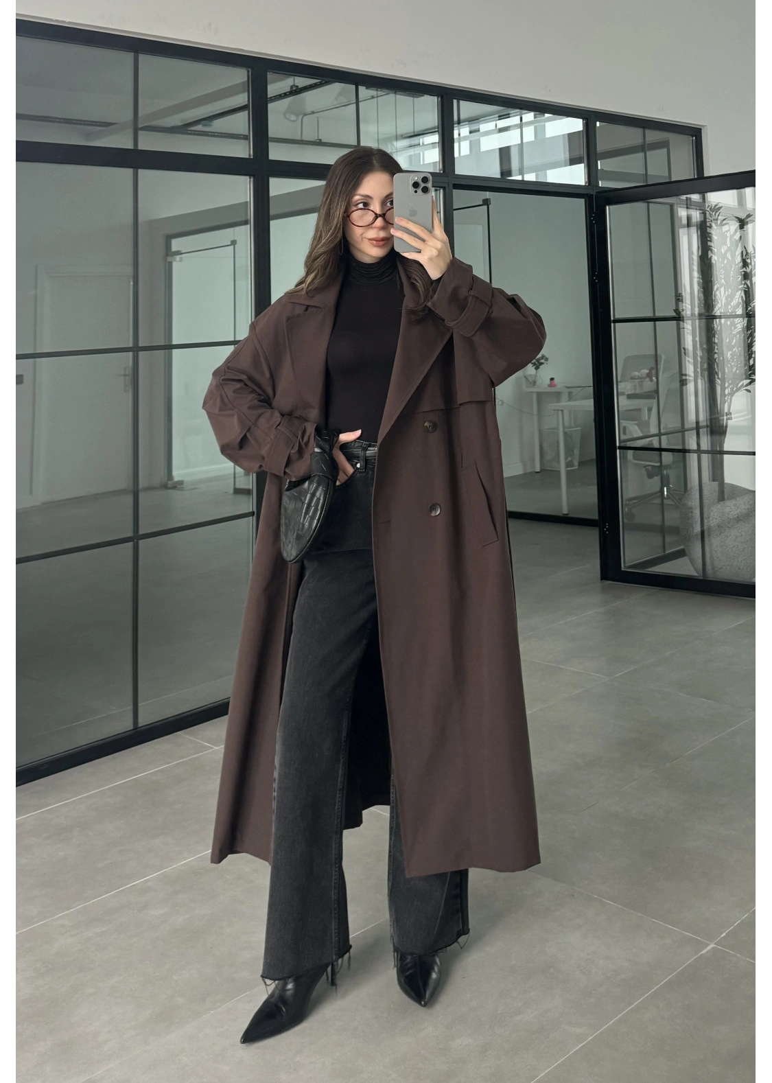 Cool Oversize Astarlı Premium Kahve Kuşaklı Trençkot