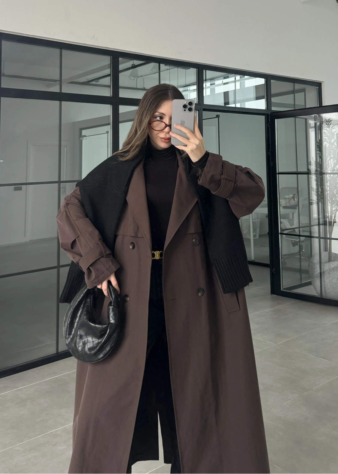 Cool Oversize Astarlı Premium Kahve Kuşaklı Trençkot