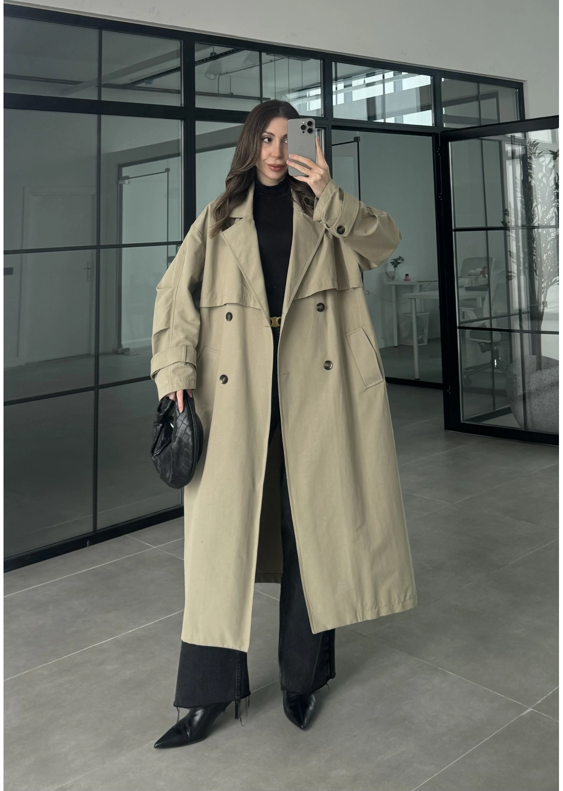 Cool Oversize Astarlı Premium Yeşil Kuşaklı Trençkot