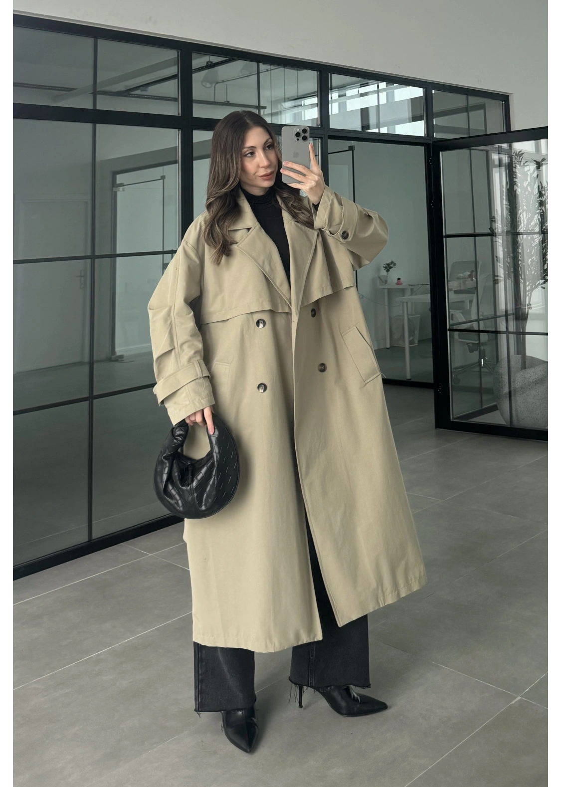 Cool Oversize Astarlı Premium Yeşil Kuşaklı Trençkot