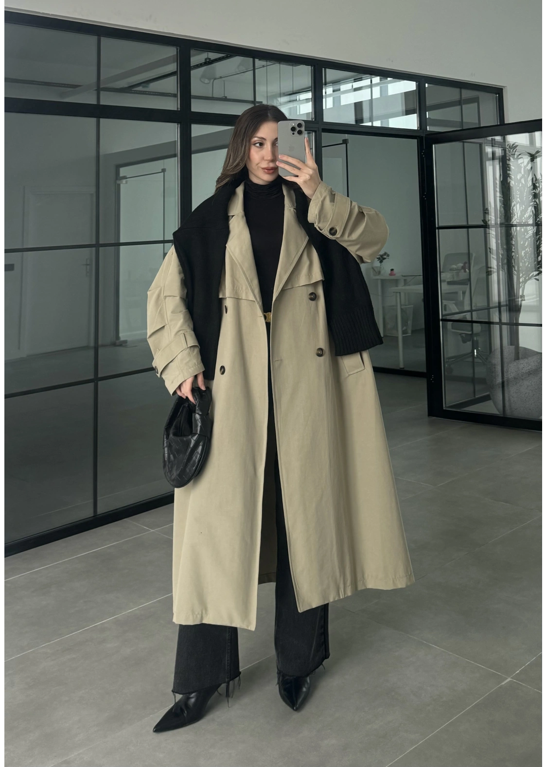Cool Oversize Astarlı Premium Yeşil Kuşaklı Trençkot