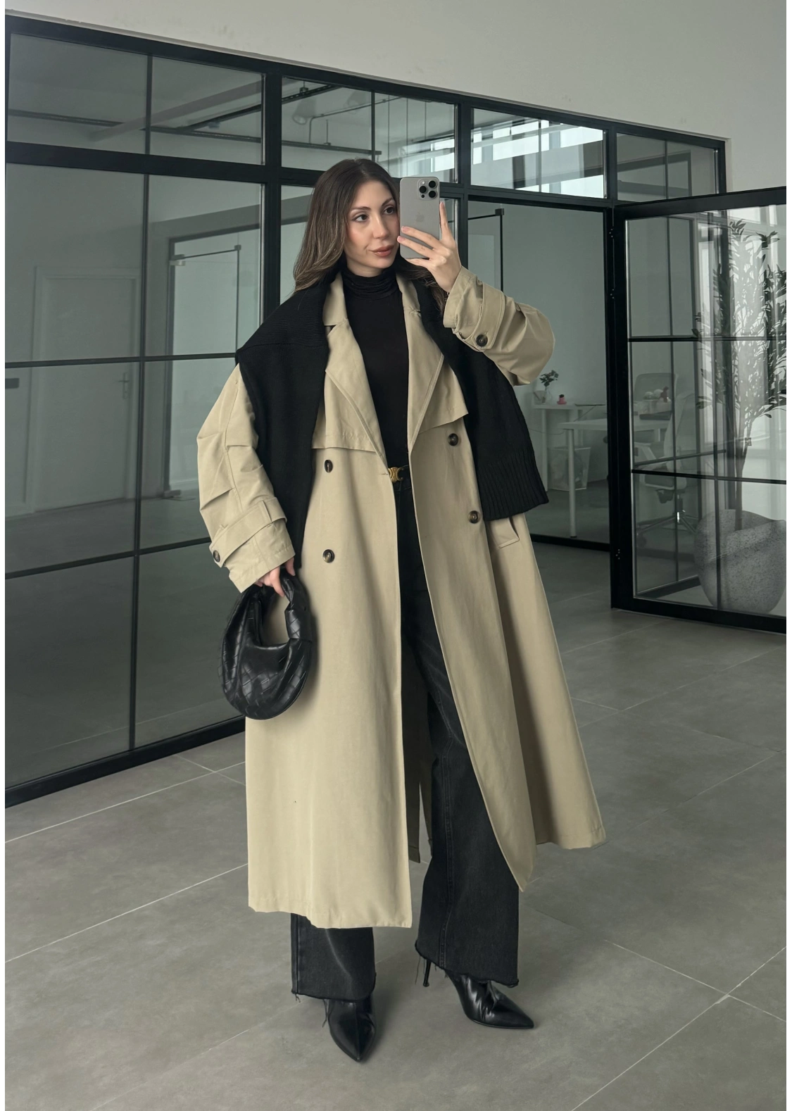 Cool Oversize Astarlı Premium Yeşil Kuşaklı Trençkot