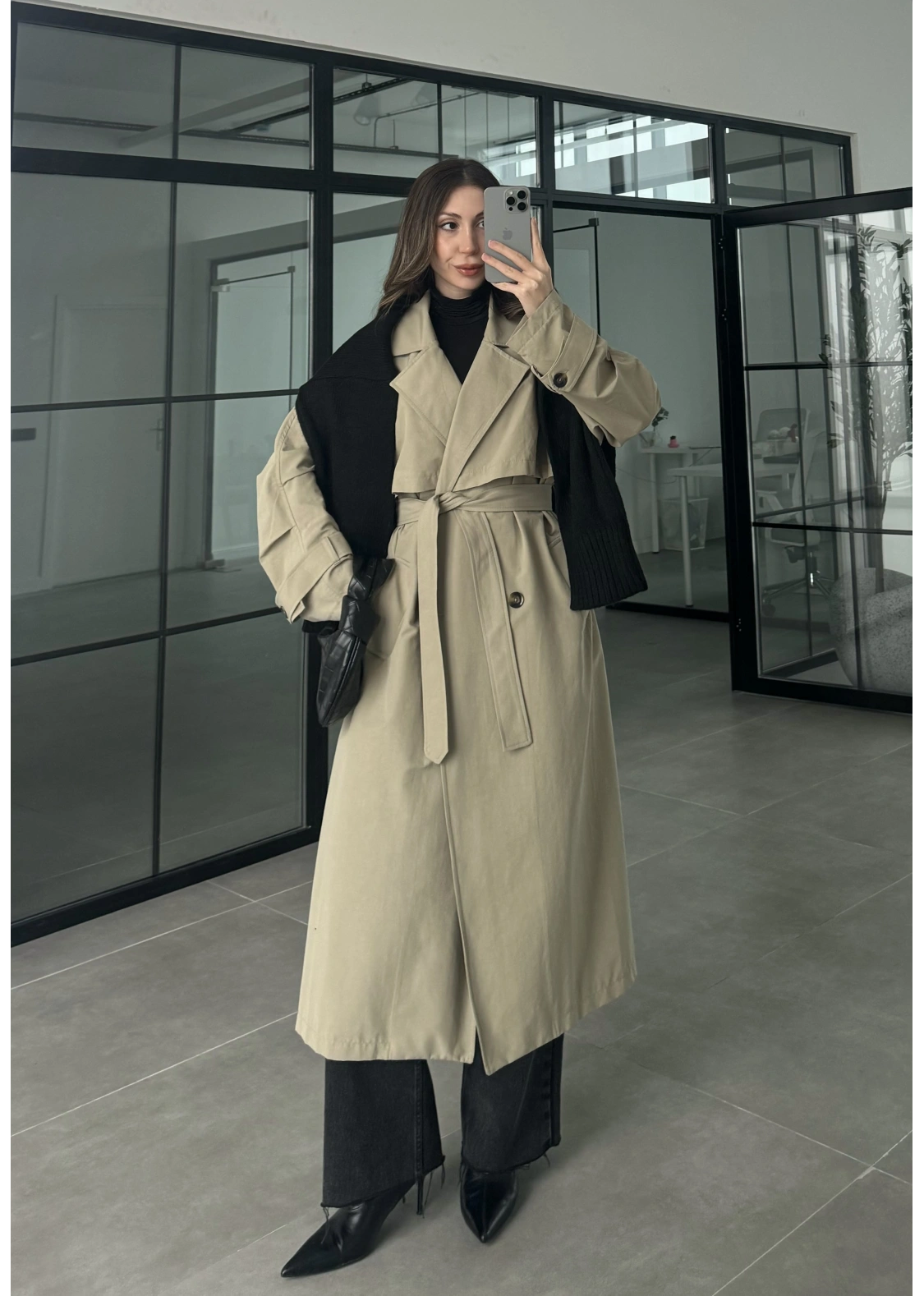Cool Oversize Astarlı Premium Yeşil Kuşaklı Trençkot