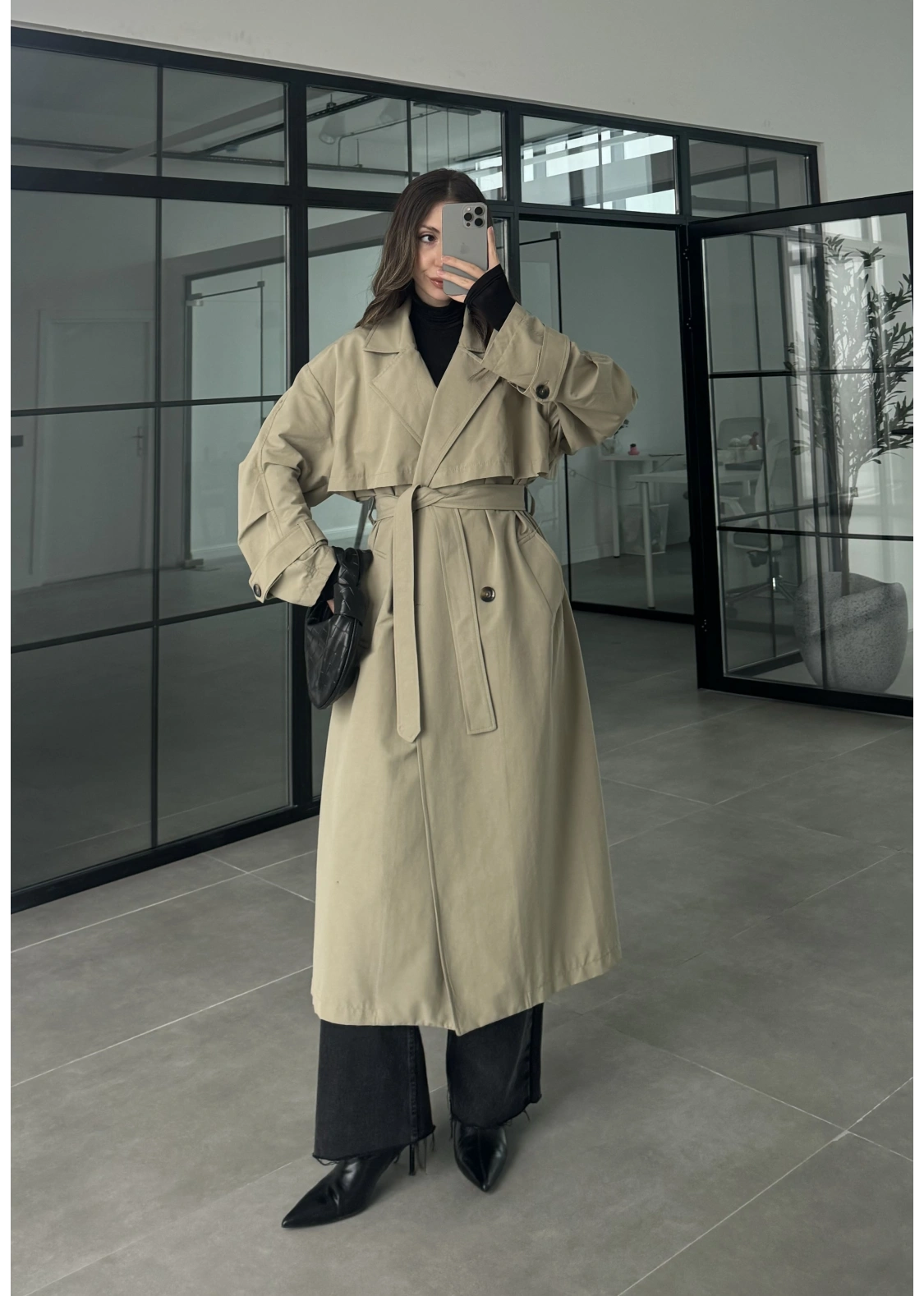 Cool Oversize Astarlı Premium Yeşil Kuşaklı Trençkot