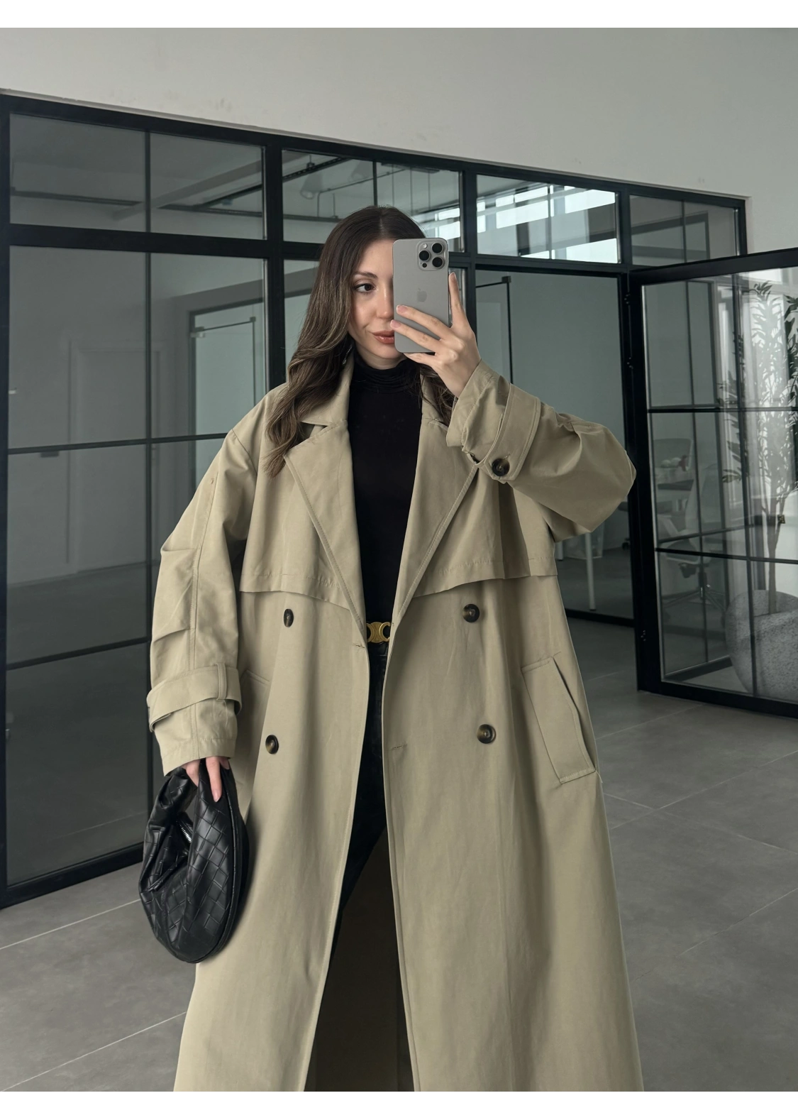 Cool Oversize Astarlı Premium Yeşil Kuşaklı Trençkot