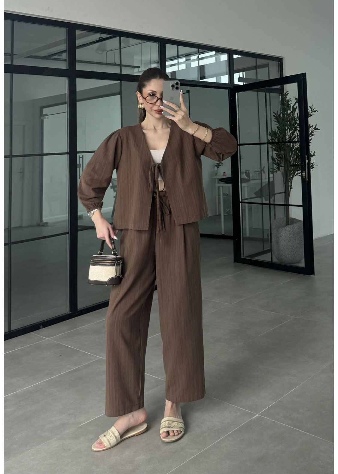 Diana Önü Bağlamalı Kısa Keten Kahve Kimono Takım