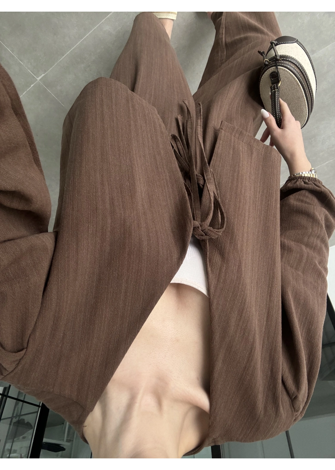 Diana Önü Bağlamalı Kısa Keten Kahve Kimono Takım