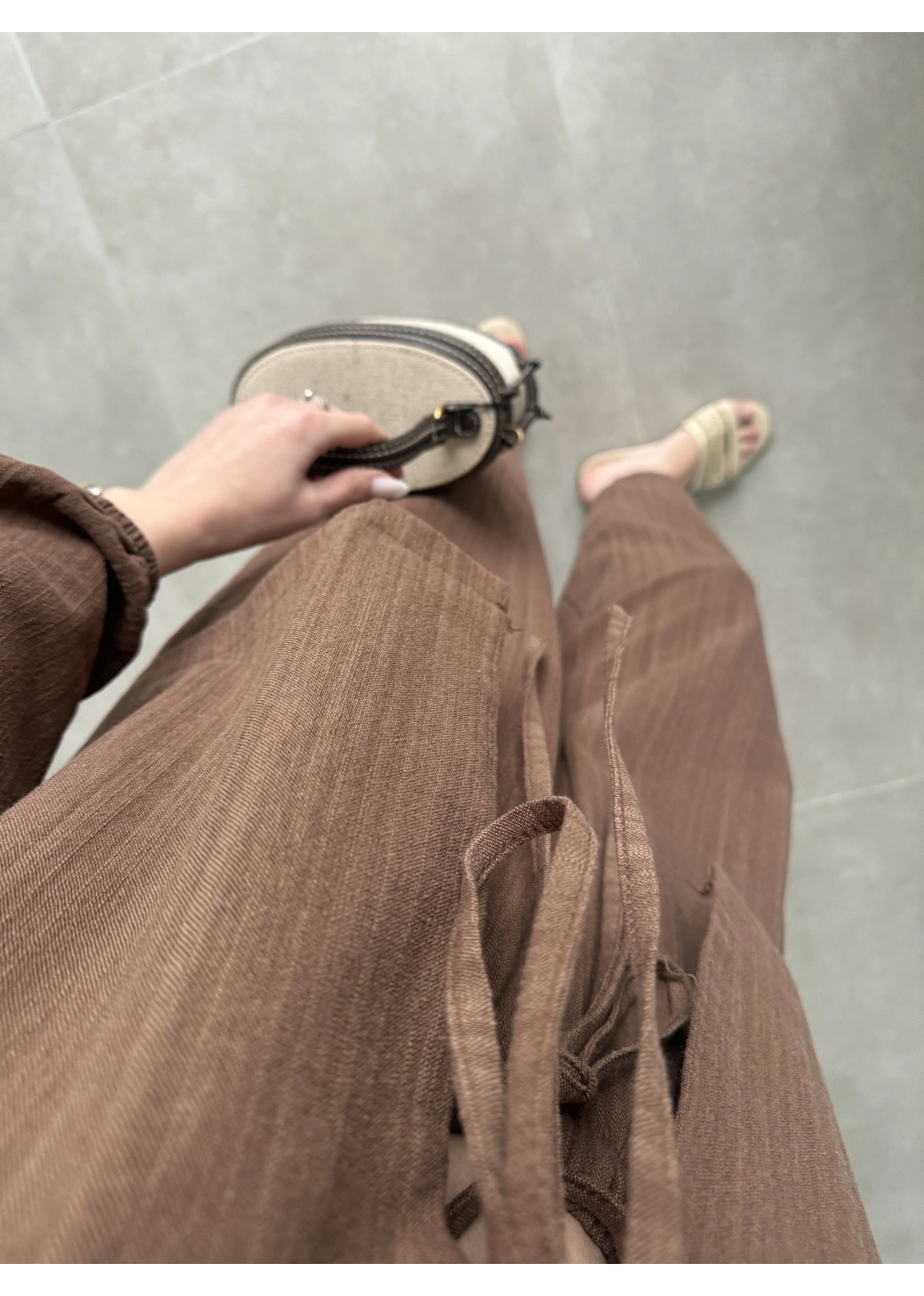 Diana Önü Bağlamalı Kısa Keten Kahve Kimono Takım