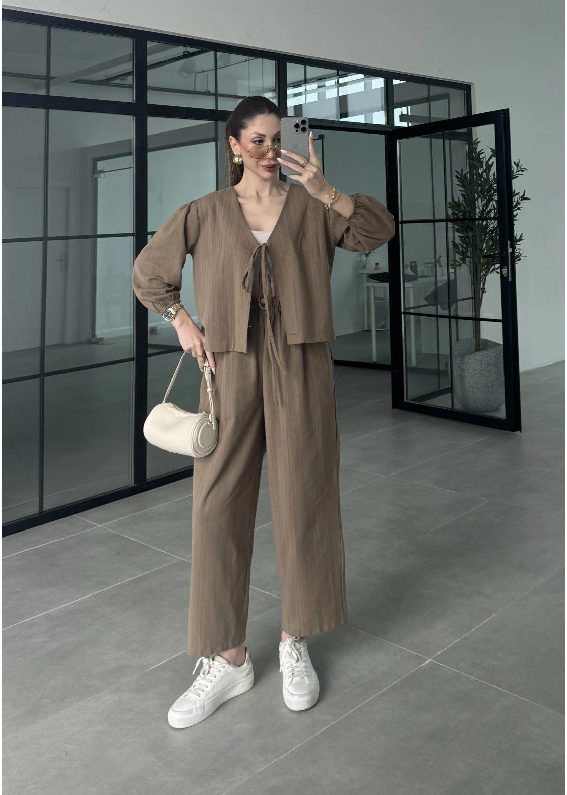 Diana Önü Bağlamalı Kısa Keten Vizon Kimono Takım