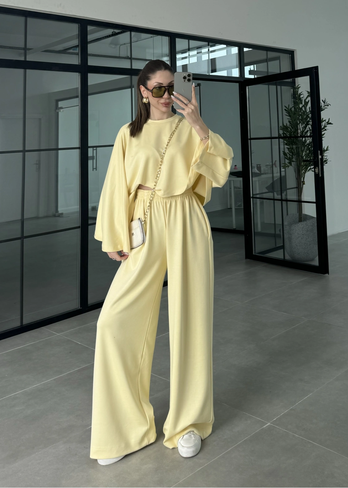 Modal Kumaş Yarasakol Oversize Sarı Takım