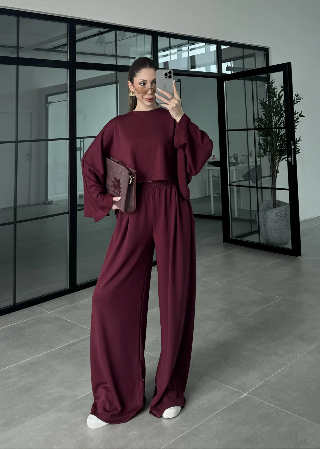 Modal Kumaş Yarasakol Oversize Bordo Takım