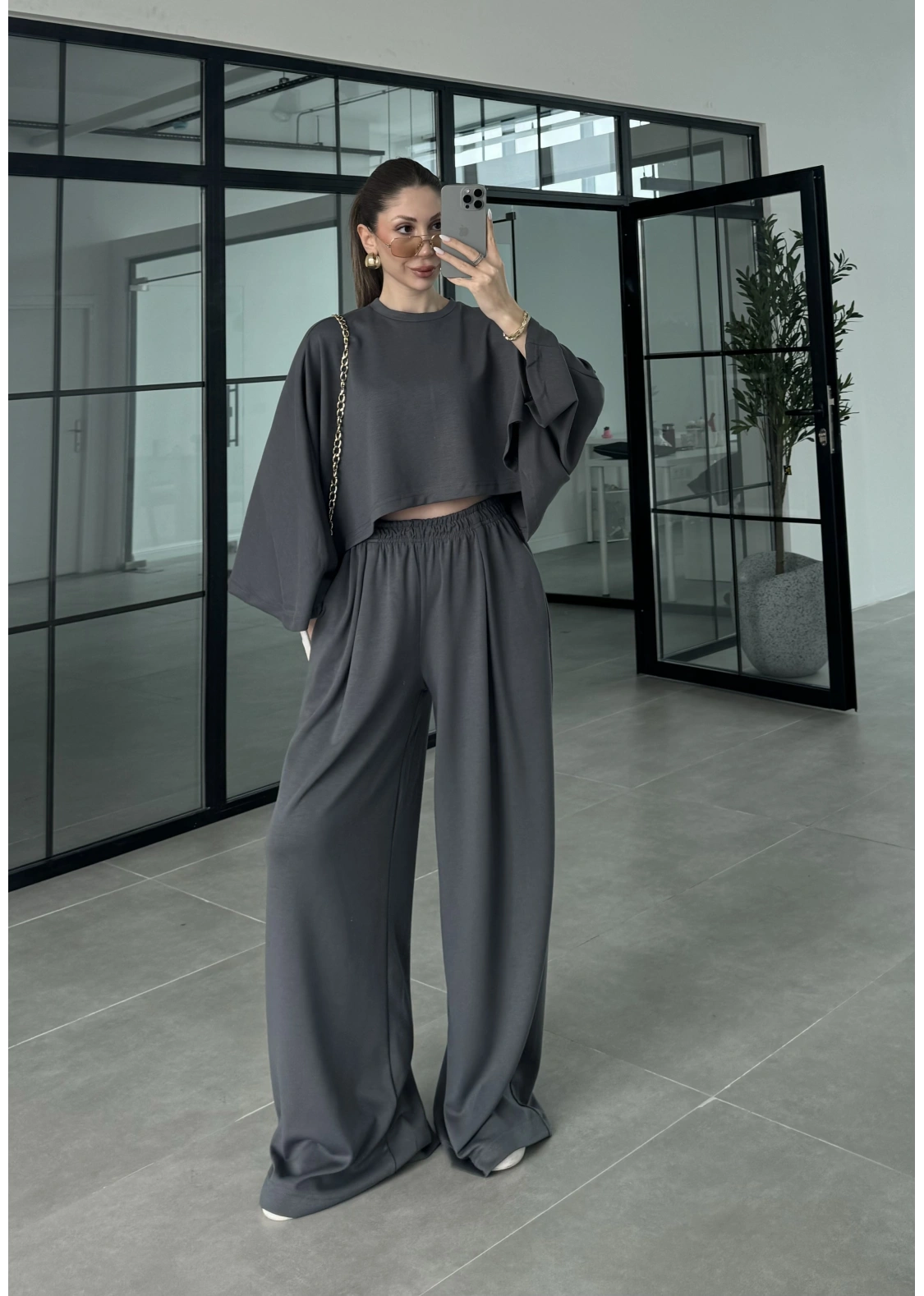 Modal Kumaş Yarasakol Oversize Antrasit Takım