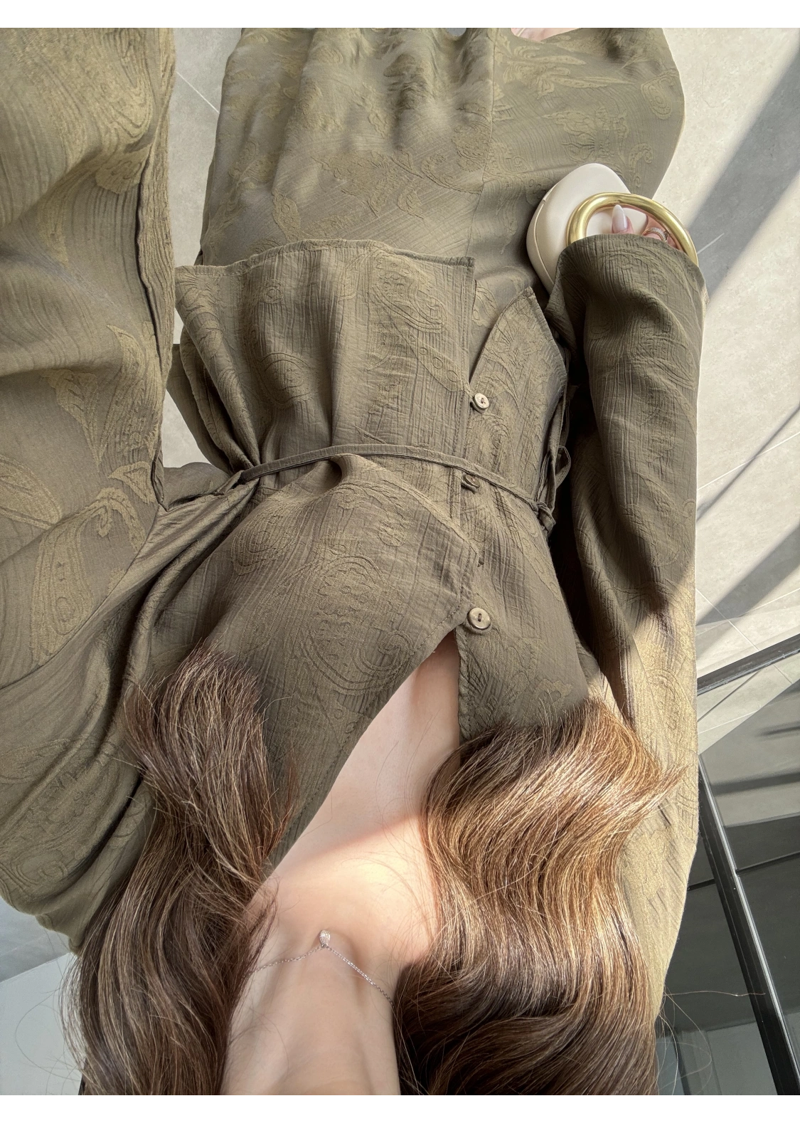 İthal Kumaş Kuşaklı Etekli Haki Takım