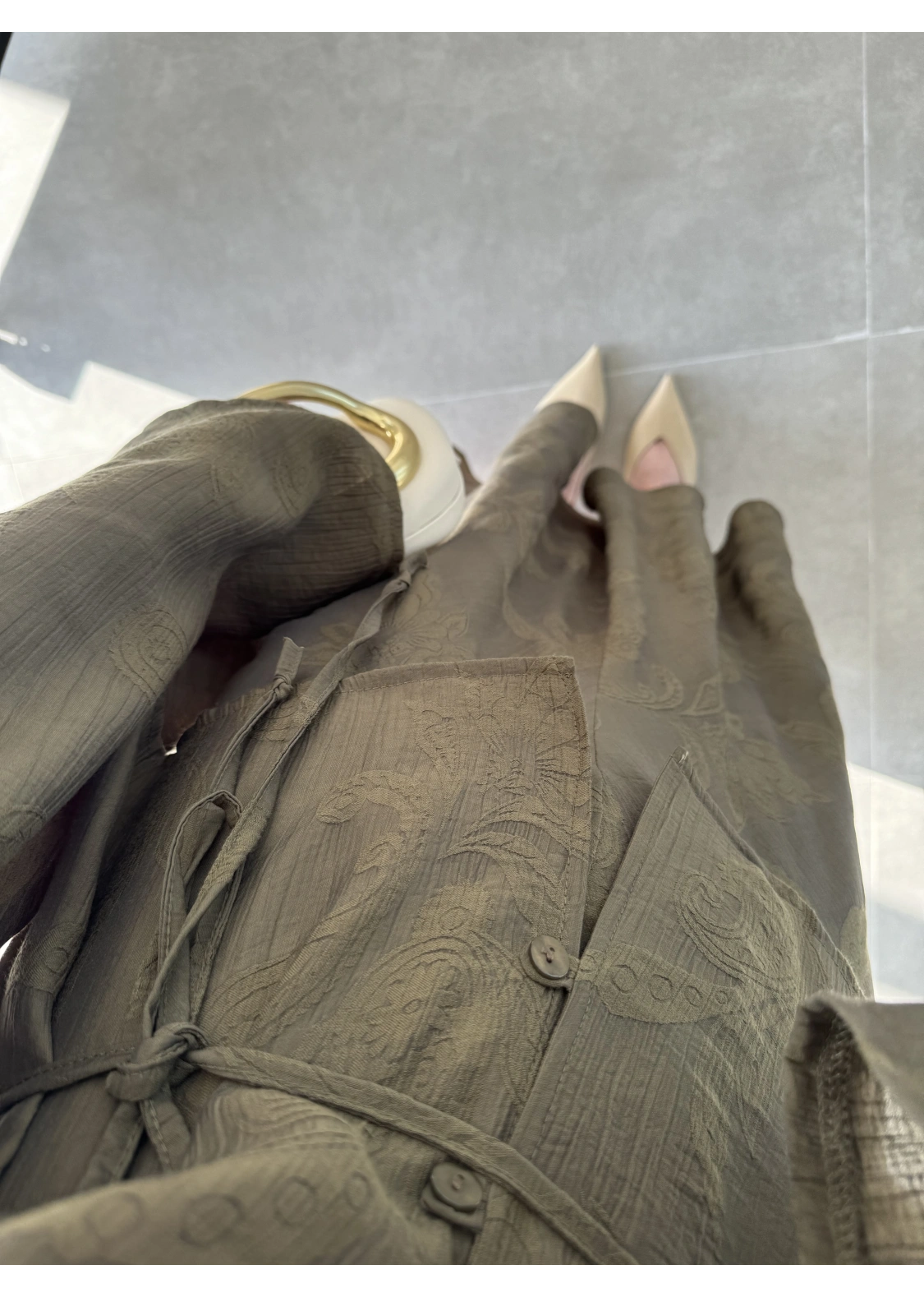 İthal Kumaş Kuşaklı Etekli Haki Takım