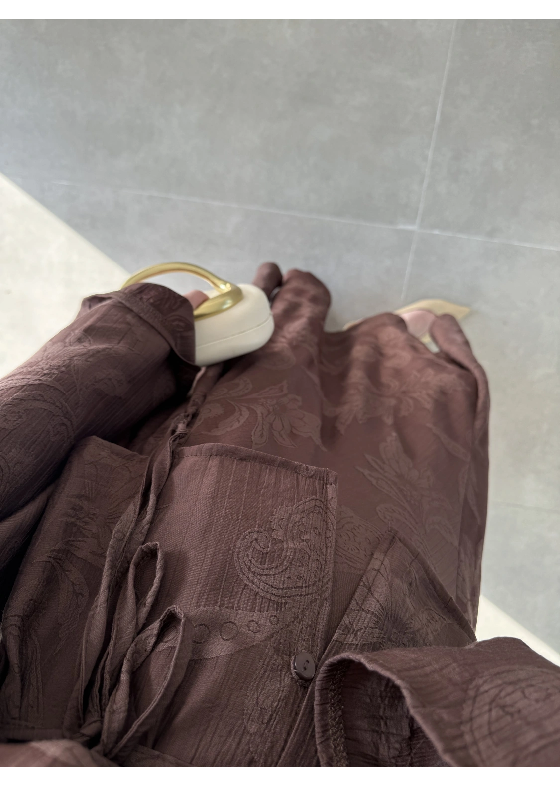 İthal Kumaş Kuşaklı Etekli Kahve Takım