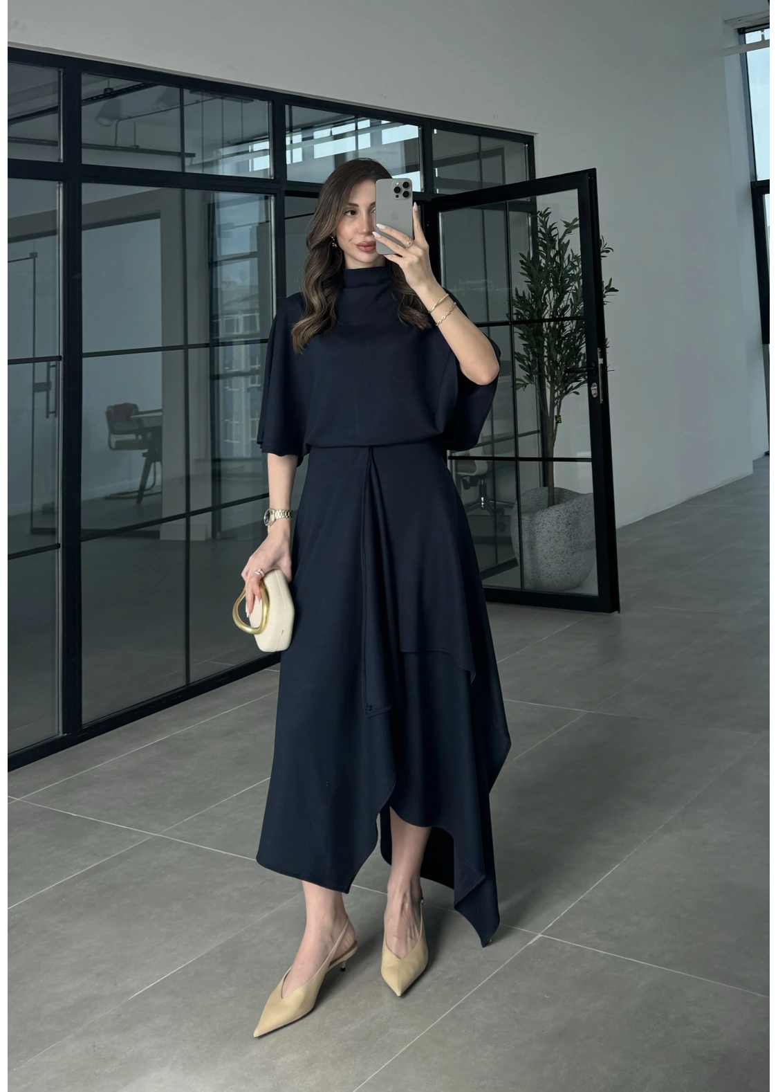 Oysh Modal Kumaş Asimetrik Lacivert Etekli Takım