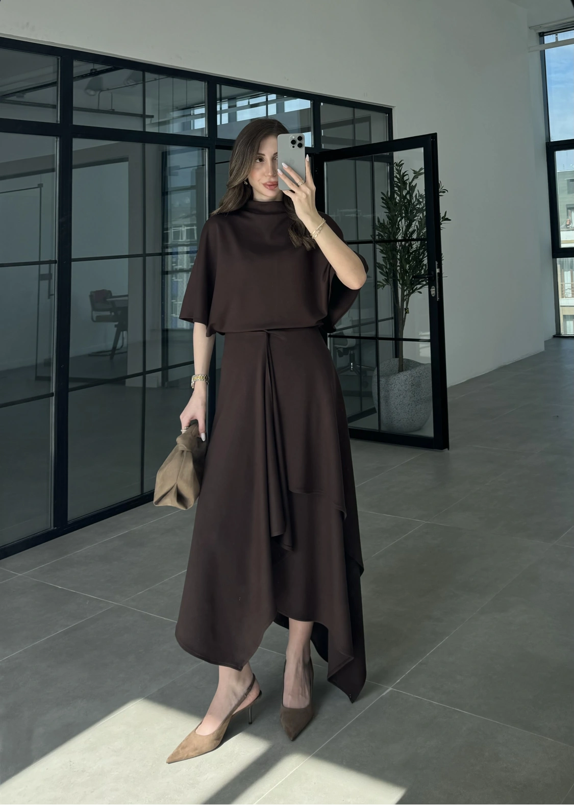 Oysh Modal Kumaş Asimetrik Kahve Etekli Takım