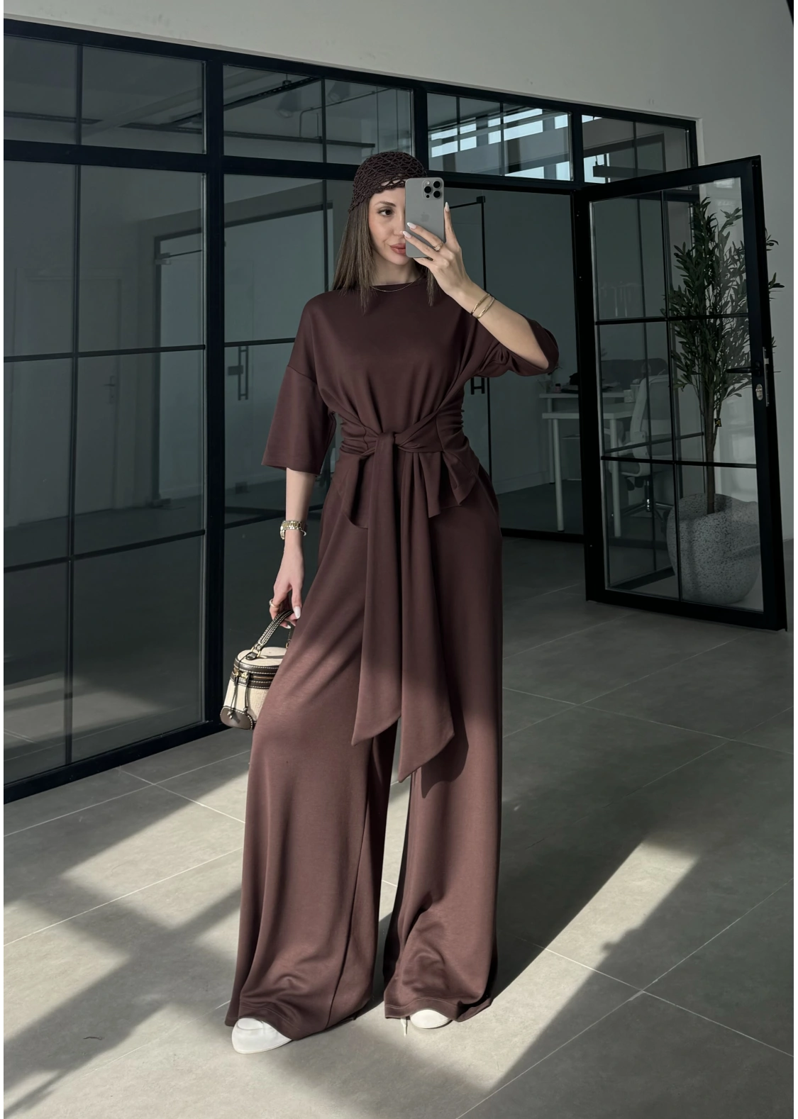 Önden Bağlamalı Model Kumaş Kahve Takım