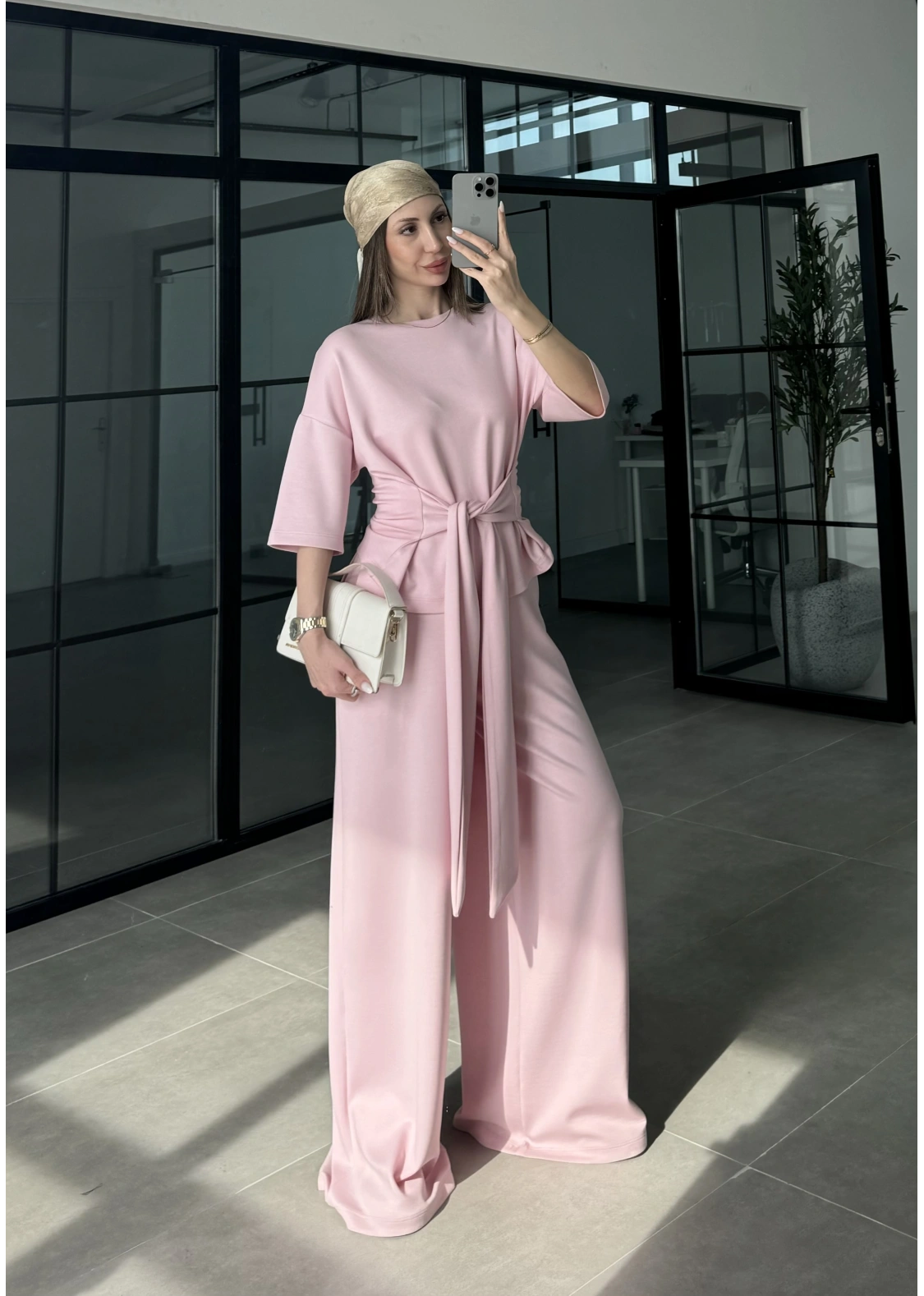 Önden Bağlamalı Model Kumaş Pembe Takım