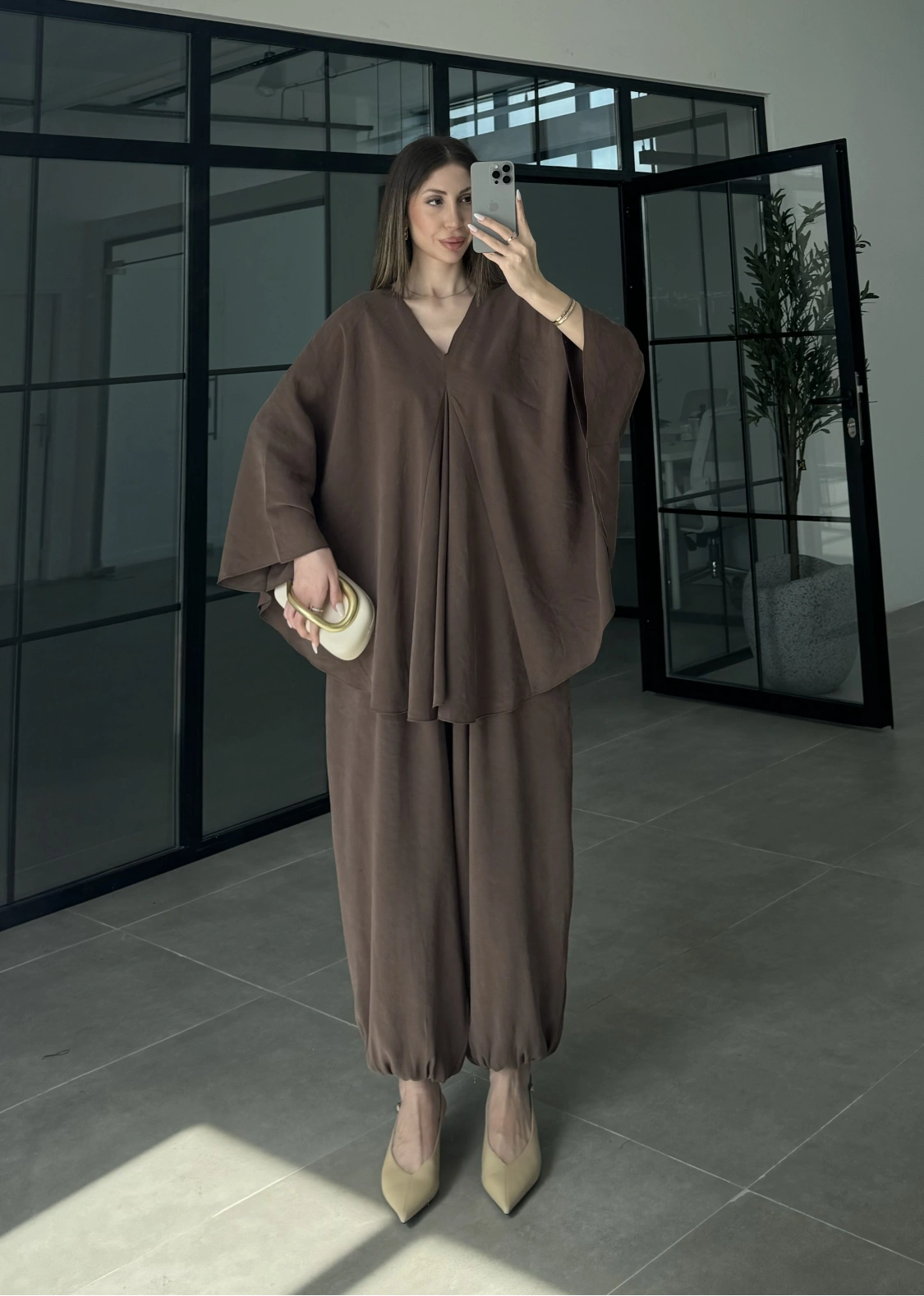 Kahve Salaş Bluz Şalvar Takım