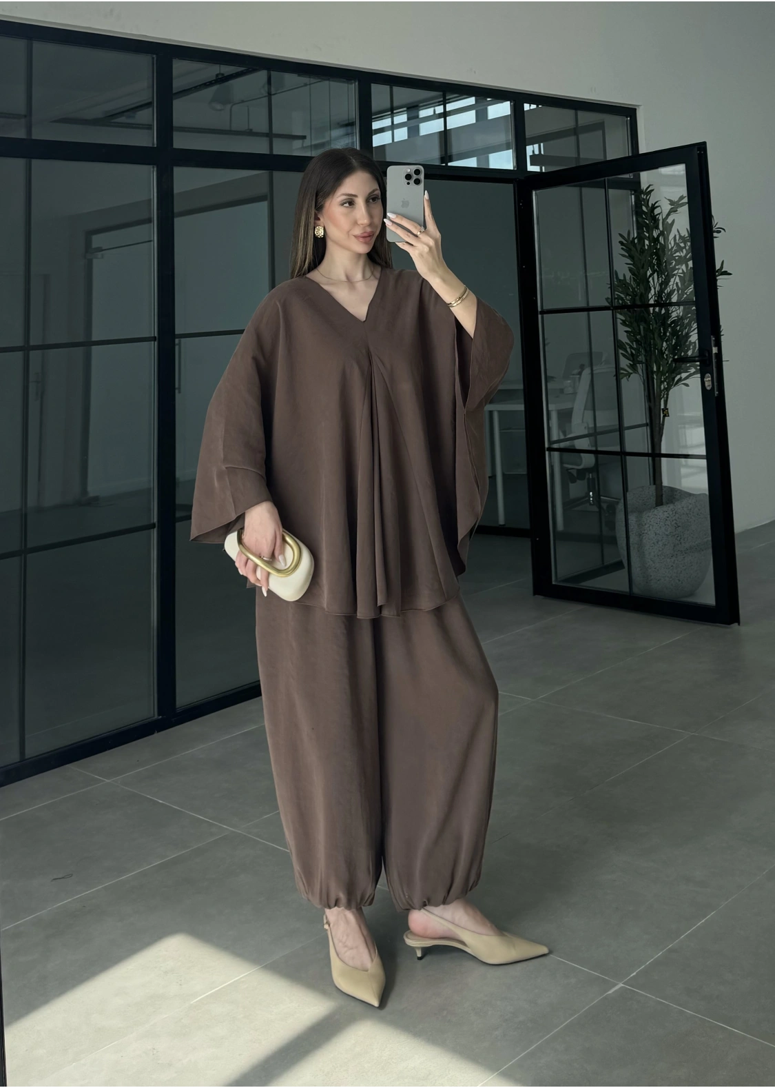 Kahve Salaş Bluz Şalvar Takım