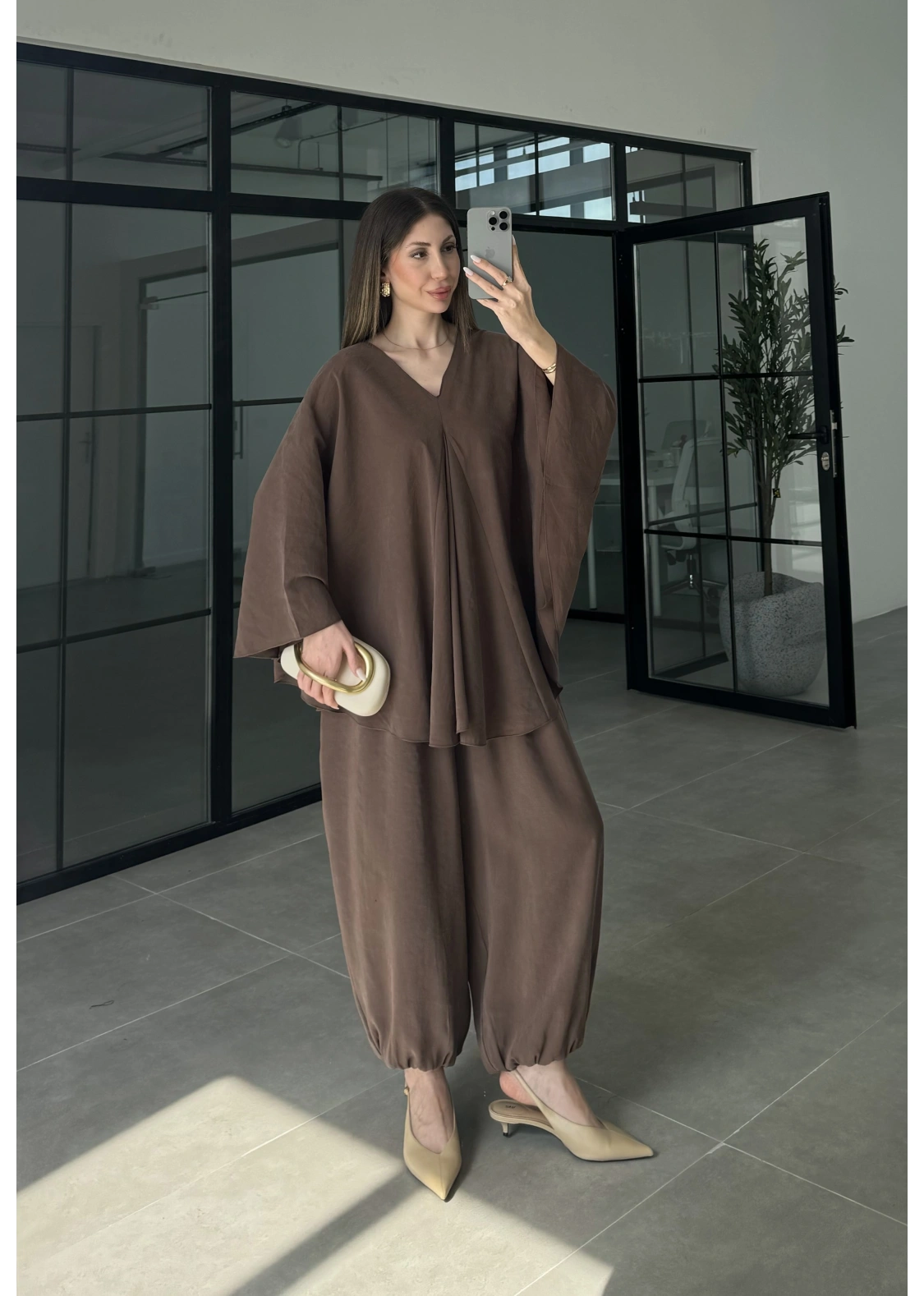 Kahve Salaş Bluz Şalvar Takım
