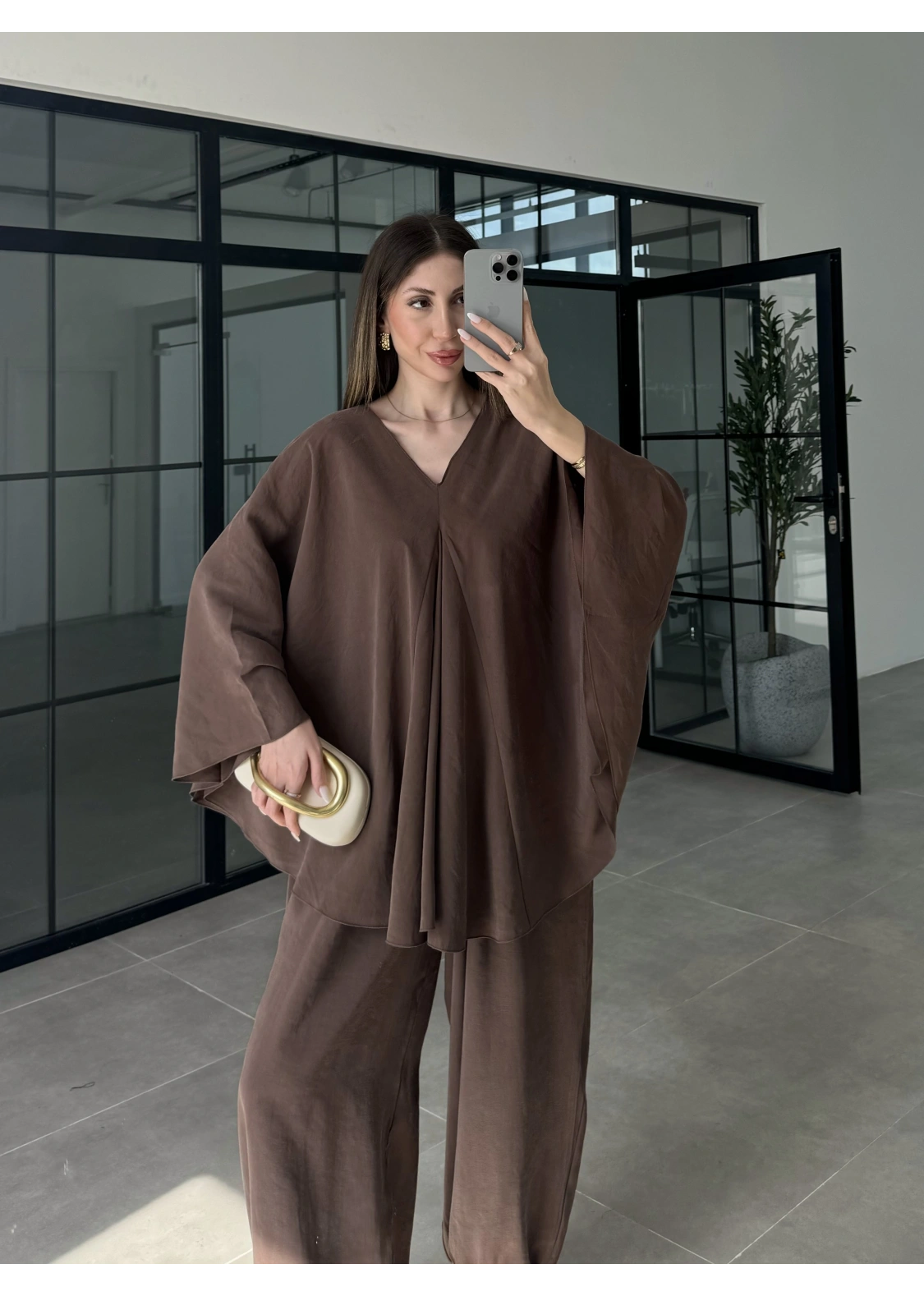 Kahve Salaş Bluz Şalvar Takım