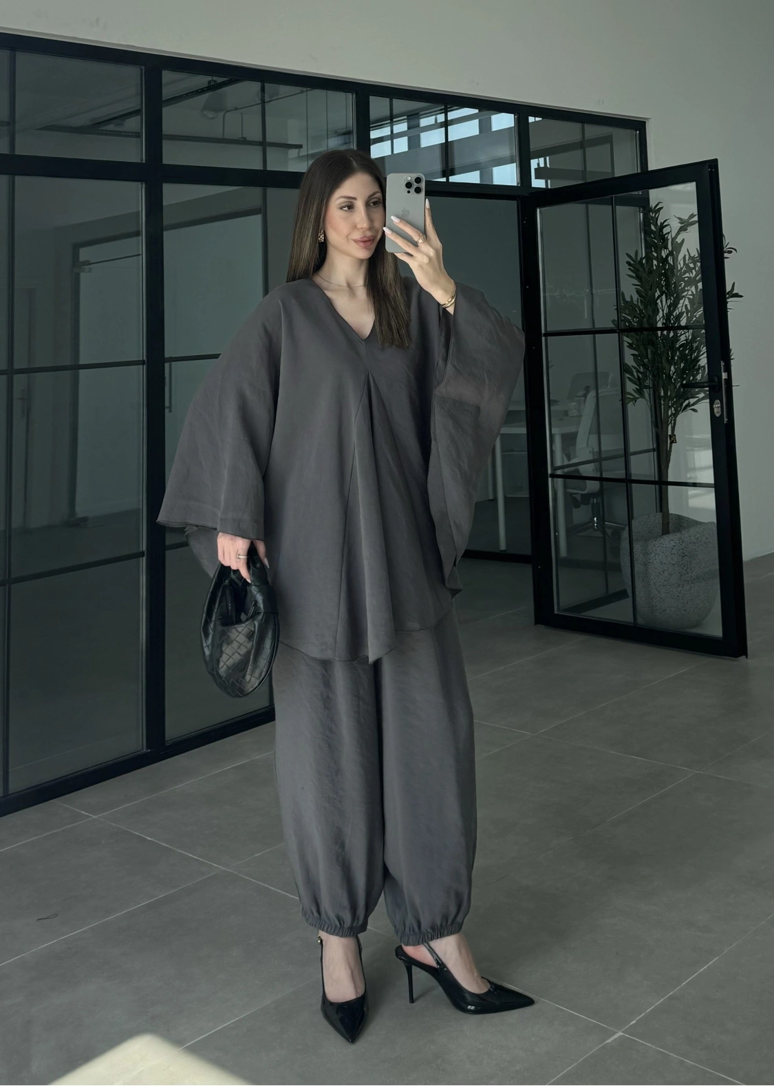 Antrasit Salaş Bluz Şalvar Takım