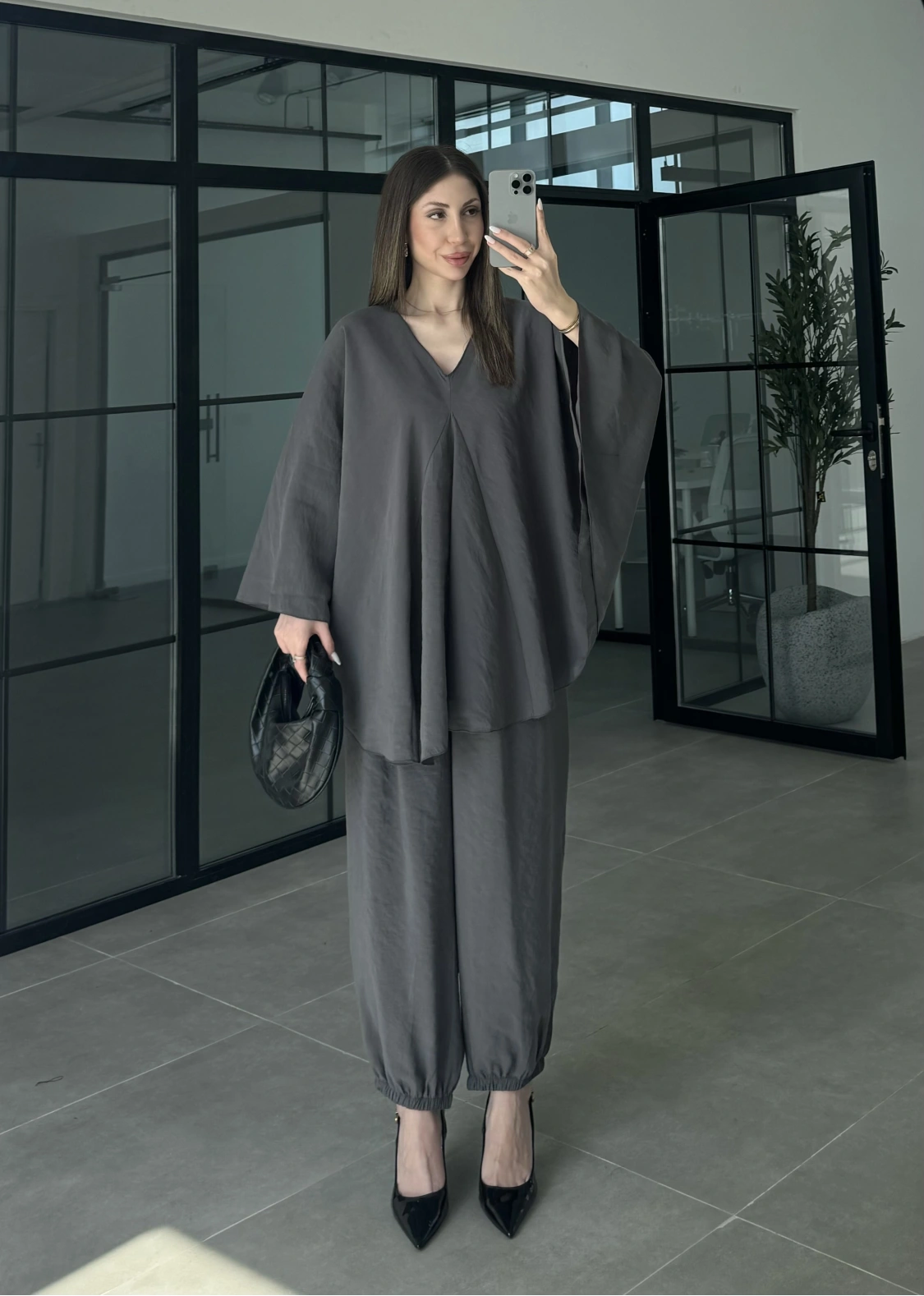 Antrasit Salaş Bluz Şalvar Takım